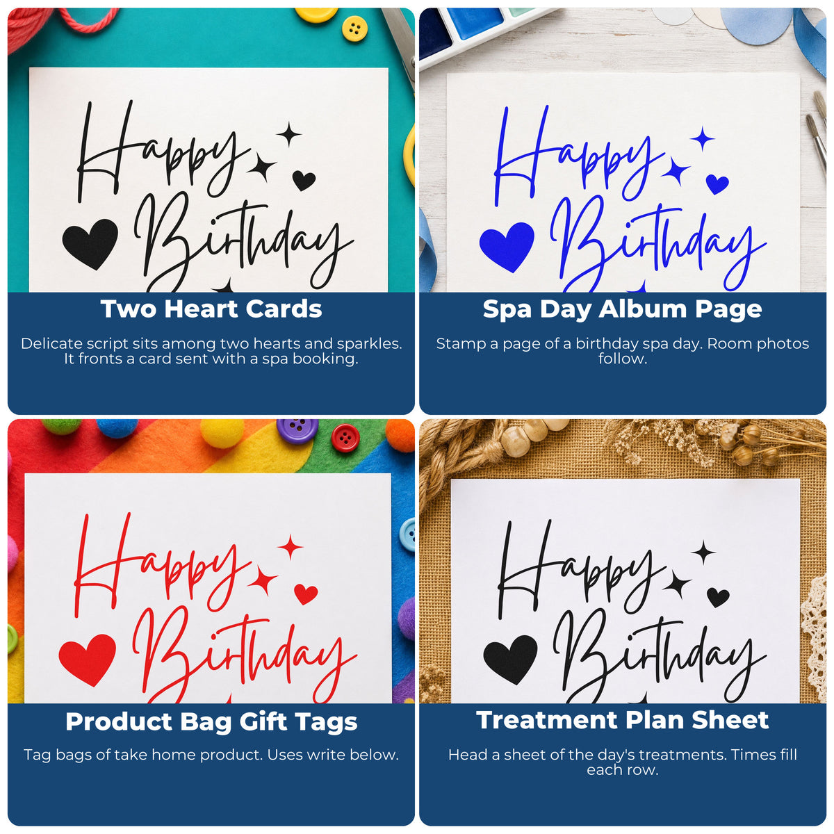 Four ways to use the Happy Birthday With Hearts Rubber Stamp – Wood Handle: two heart cards, spa day album page, product bag gift tags and treatment plan sheet.