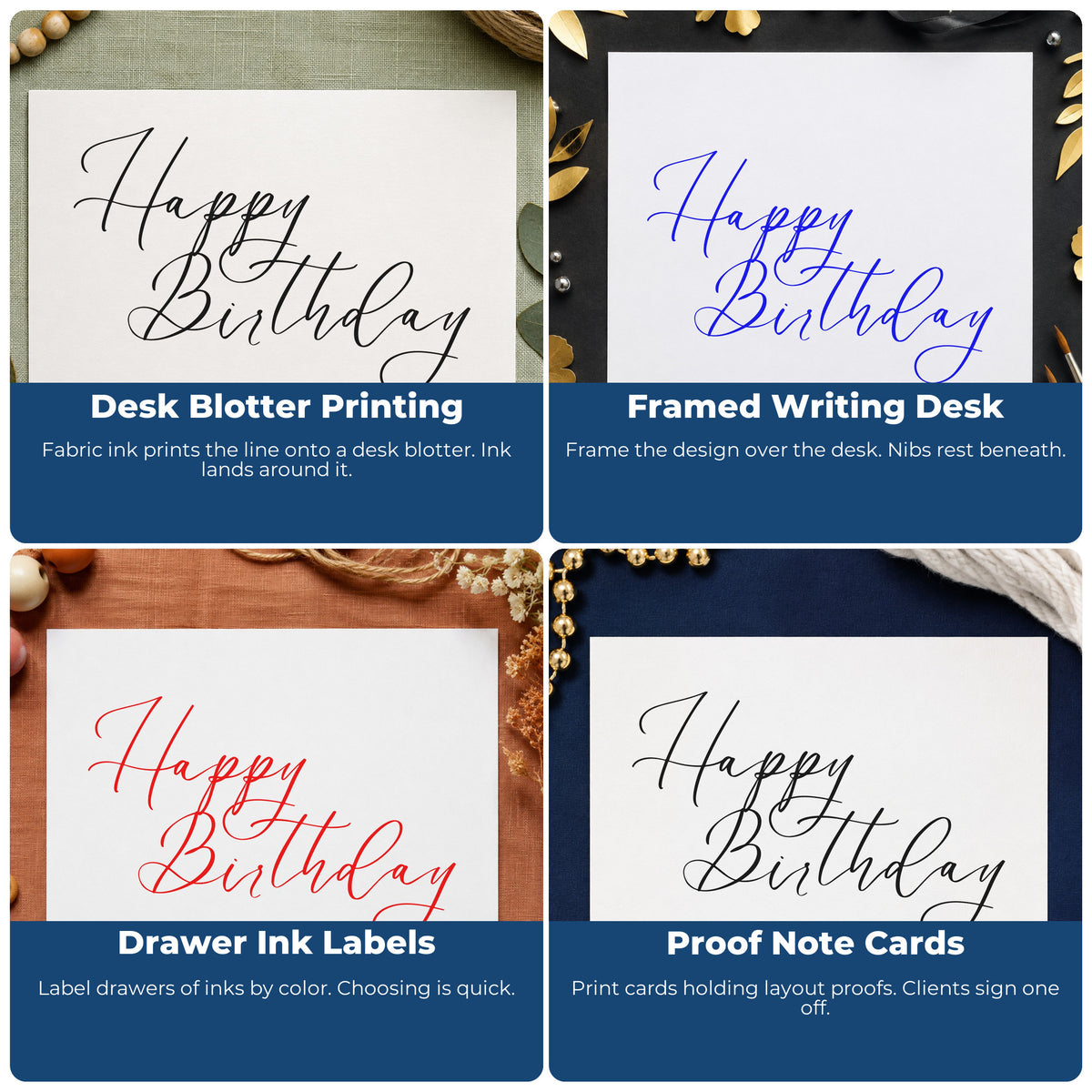 Four ways to use the Elegant Happy Birthday Calligraphy Rubber Stamp – Duo Hand: desk blotter printing, framed writing desk, drawer ink labels and proof note cards.