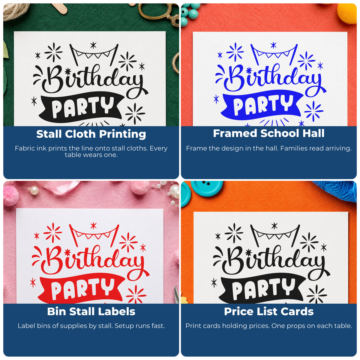Four ways to use the Birthday Party Bunting Banner Rubber Stamp – Wood Handle: stall cloth printing, framed school hall, bin stall labels and price list cards.