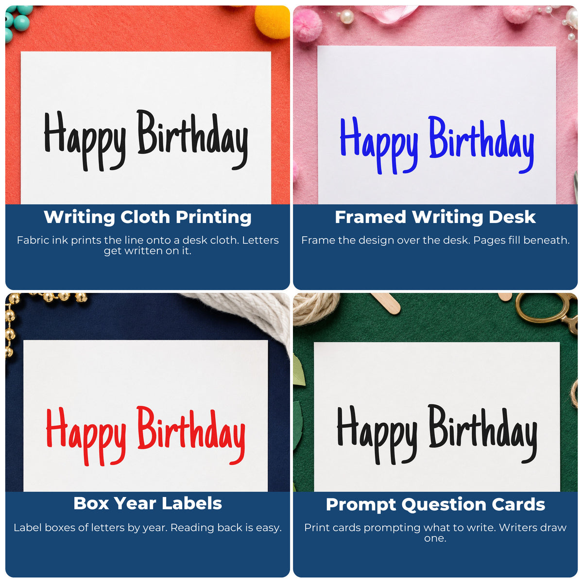 Four ways to use the Wood Handle Happy Birthday Narrow Handwriting Rubber Stamp: writing cloth printing, framed writing desk, box year labels and prompt question cards.