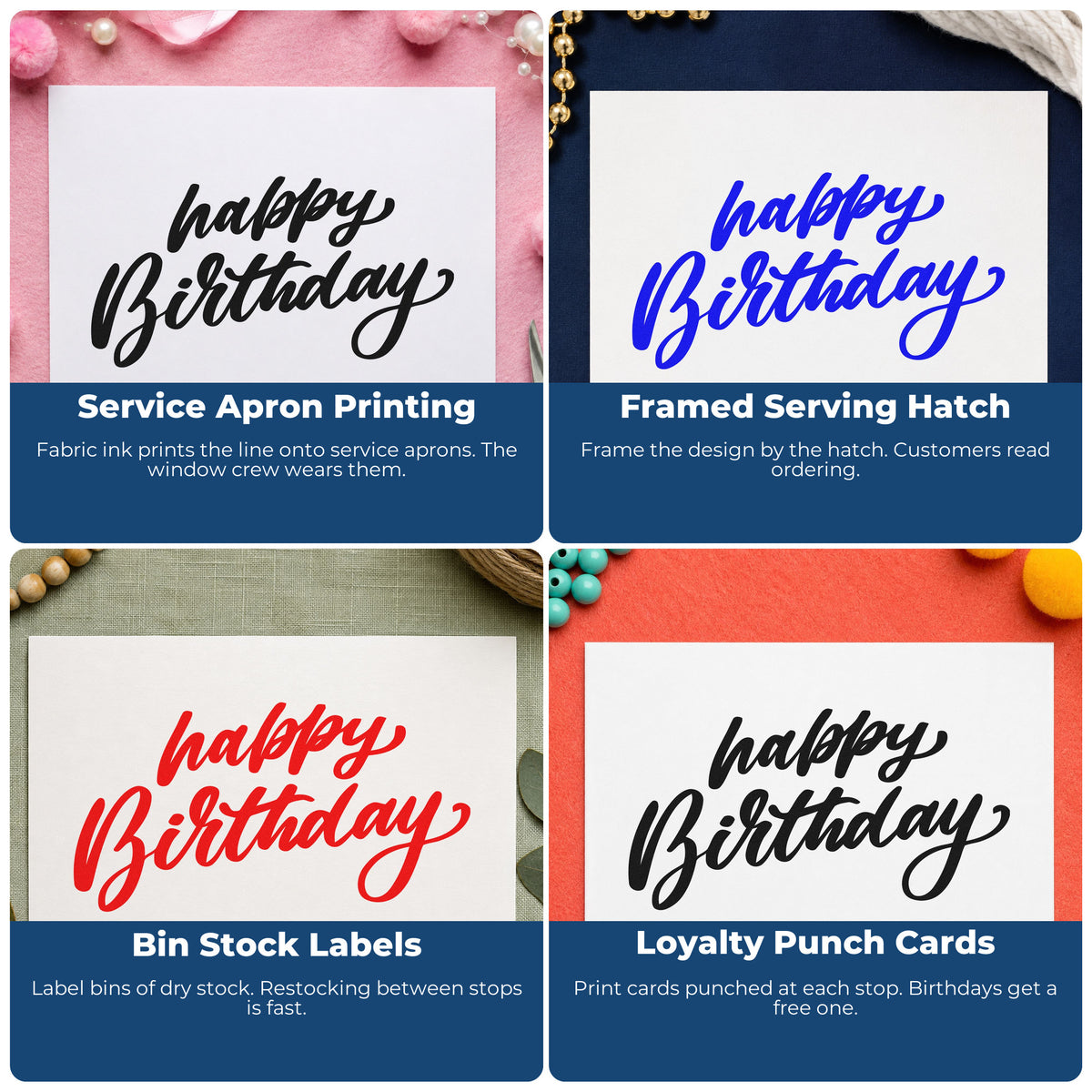 Four ways to use the Happy Birthday Slanted Brush Lettering Slim Pre-Inked Stamp: service apron printing, framed serving hatch, bin stock labels and loyalty punch cards.