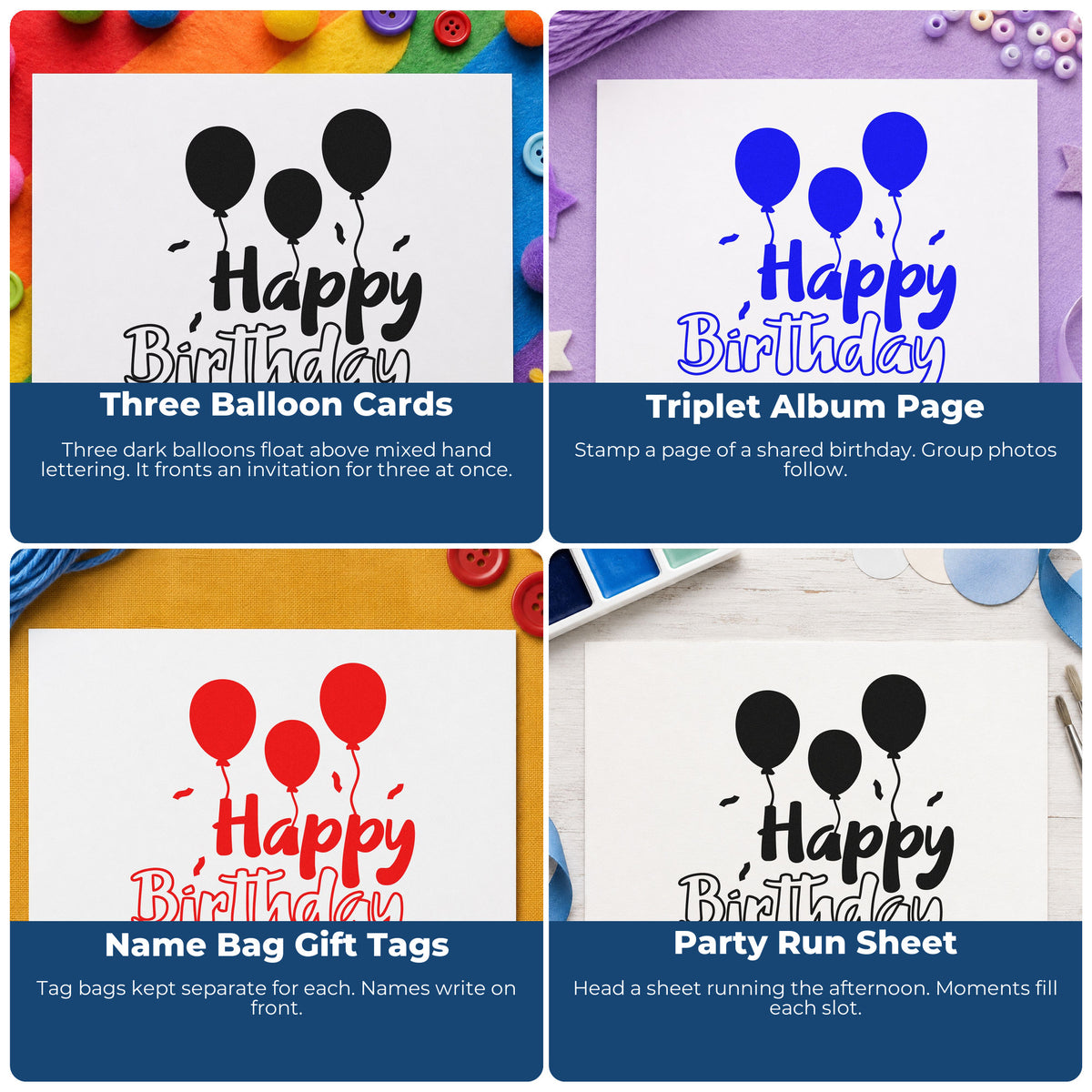 Four ways to use the Birthday Three Solid Balloons Outline Detail Slim Pre-Inked Stamp: three balloon cards, triplet album page, name bag gift tags and party run sheet.