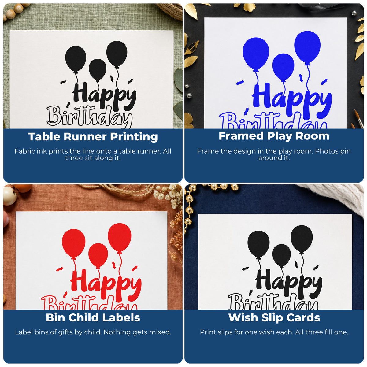 Four ways to use the Birthday Three Solid Balloons Outline Detail Stamp – Duo Hand: table runner printing, framed play room, bin child labels and wish slip cards.