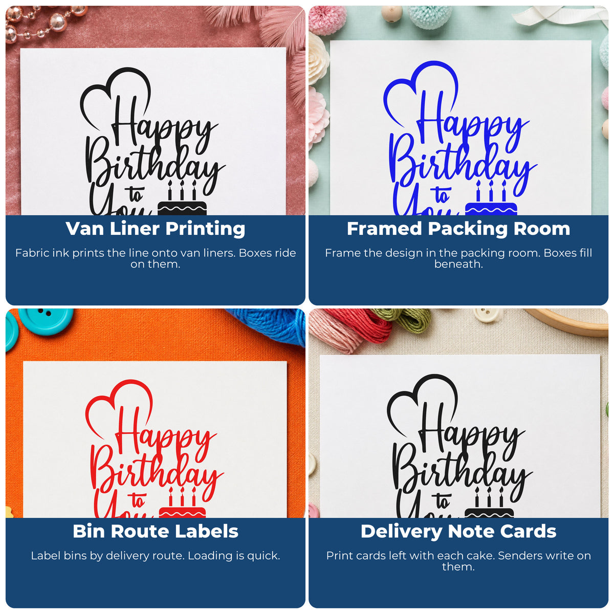 Four ways to use the Birthday To You Cake Stamp – Self-Inking: van liner printing, framed packing room, bin route labels and delivery note cards.