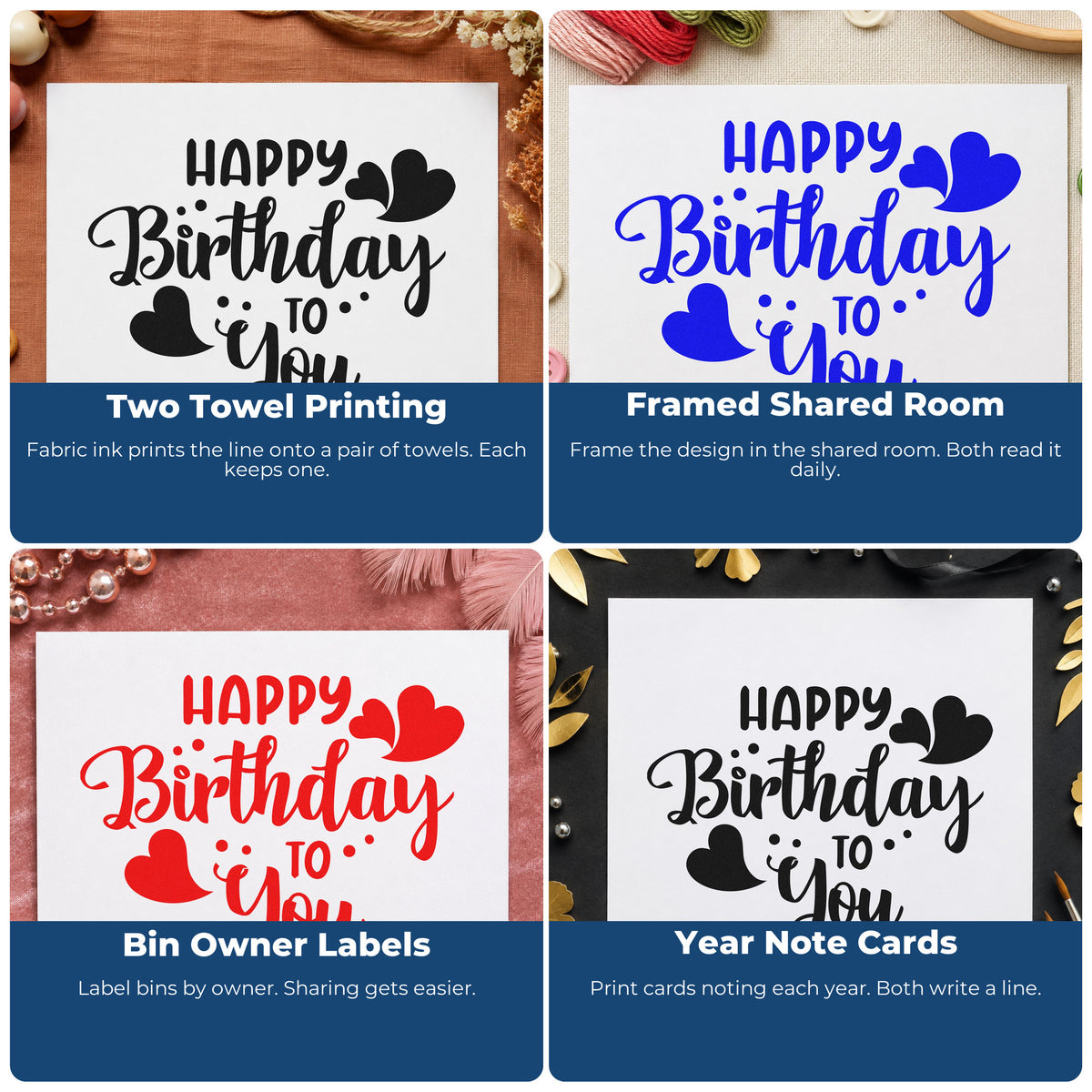 Four ways to use the Heart-Dotted Birthday Wishes To You Rubber Stamp – Duo Hand: two towel printing, framed shared room, bin owner labels and year note cards.