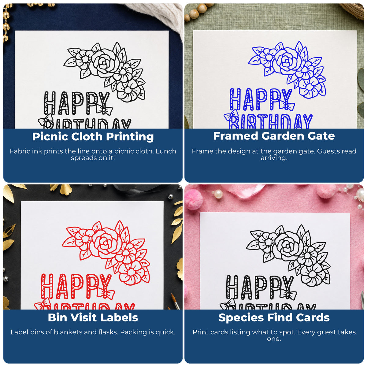 Four ways to use the Floral Happy Birthday Butterflies Pre-Inked Stamp – PSI: picnic cloth printing, framed garden gate, bin visit labels and species find cards.