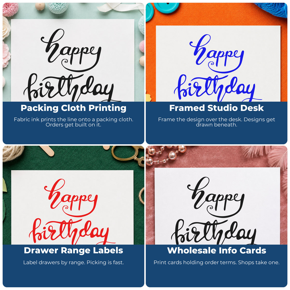 Four ways to use the Happy Birthday Fine Flourishes Pre-Inked Stamp – Slim: packing cloth printing, framed studio desk, drawer range labels and wholesale info cards.