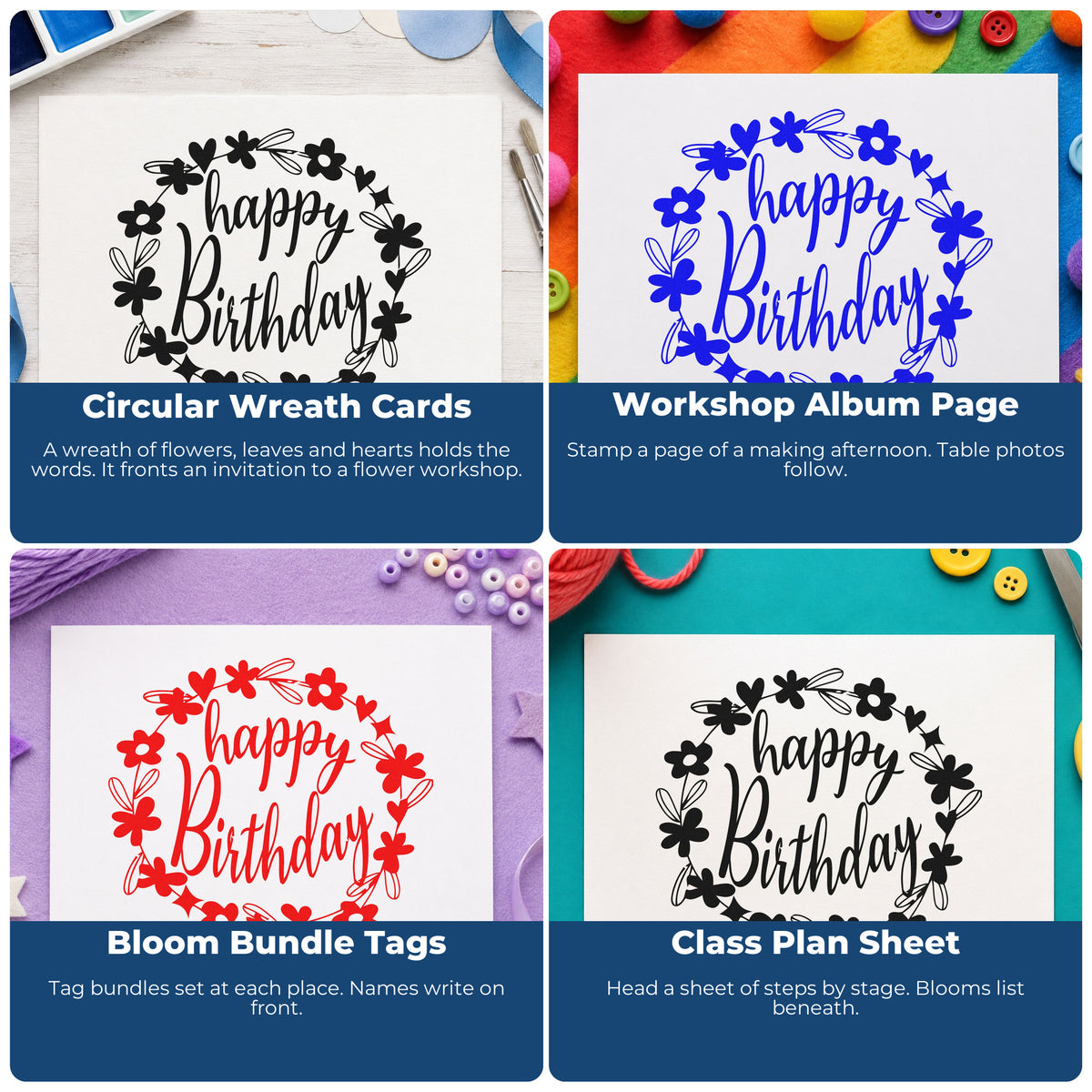 Four ways to use the Floral Heart Wreath Birthday Wishes Self-Inking Stamp: circular wreath cards, workshop album page, bloom bundle tags and class plan sheet.