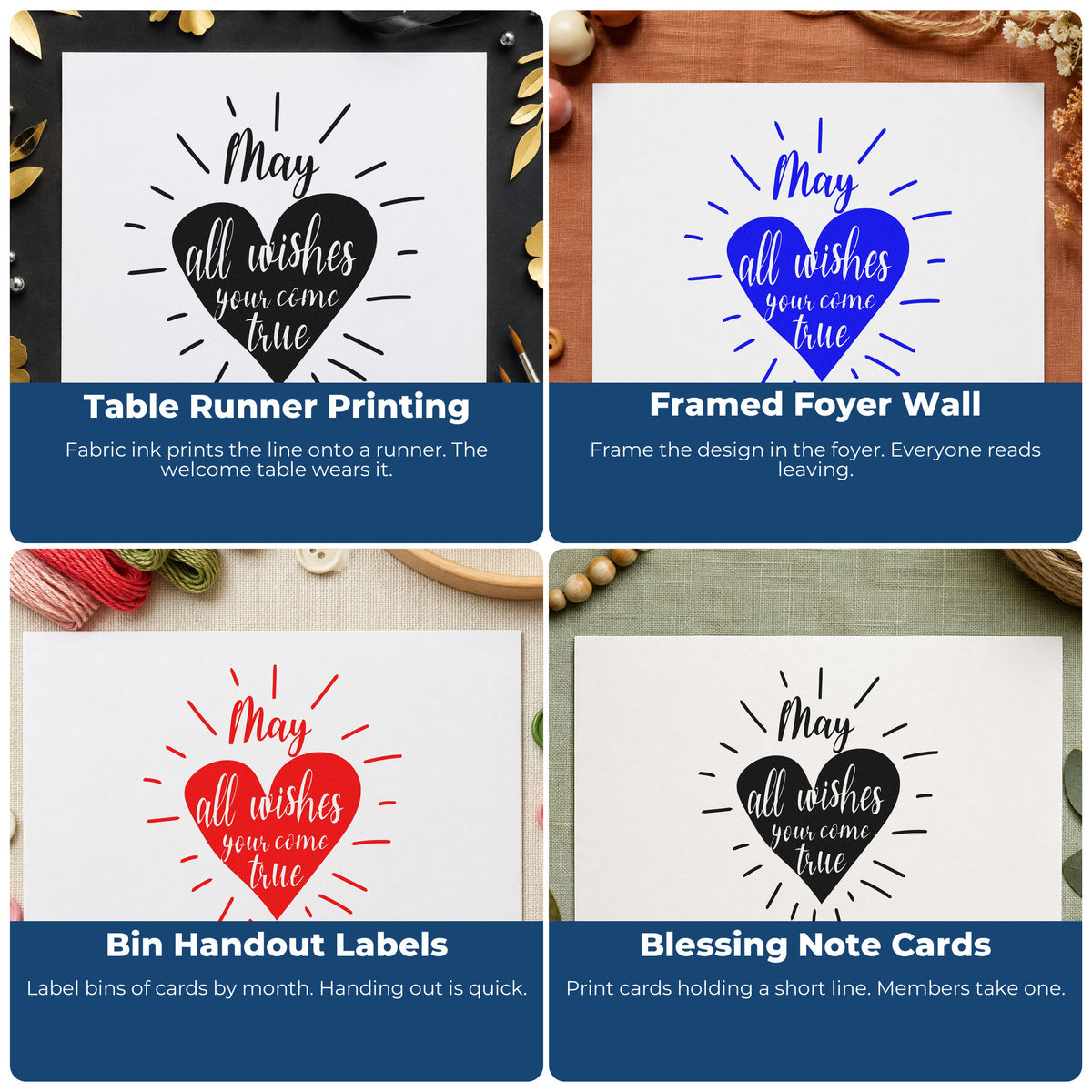 Four ways to use the Pre-Inked Dark Heart With Wishes Lettering Stamp – PSI: table runner printing, framed foyer wall, bin handout labels and blessing note cards.