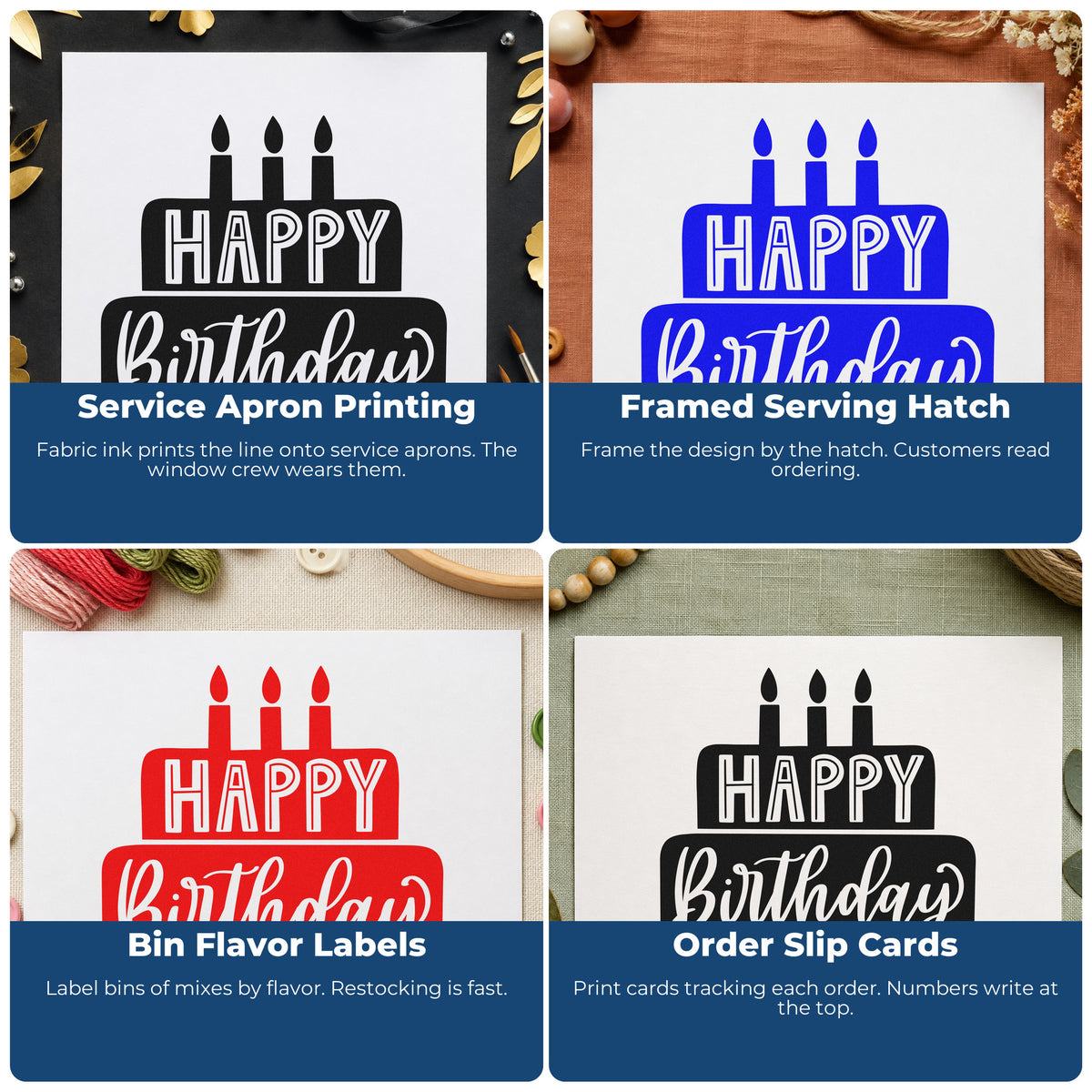 Four ways to use the Happy Birthday Tiered Cake Candles Rubber Stamp – Duo Hand: service apron printing, framed serving hatch, bin flavor labels and order slip cards.