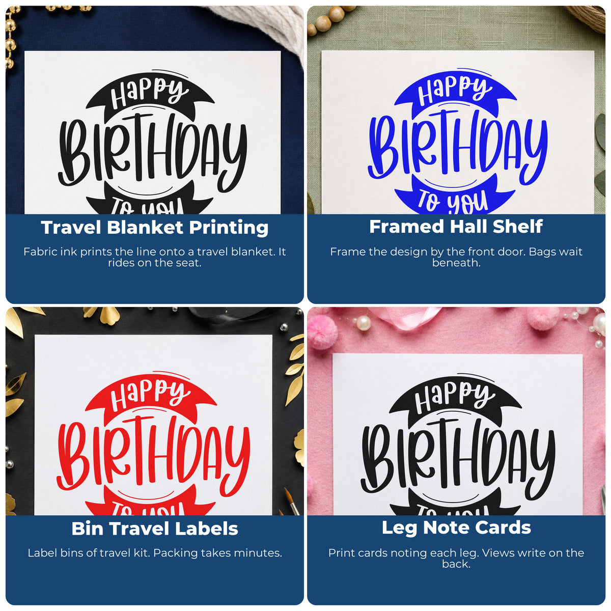Four ways to use the Wood Handle Birthday To You Curved Ribbons Rubber Stamp: travel blanket printing, framed hall shelf, bin travel labels and leg note cards.
