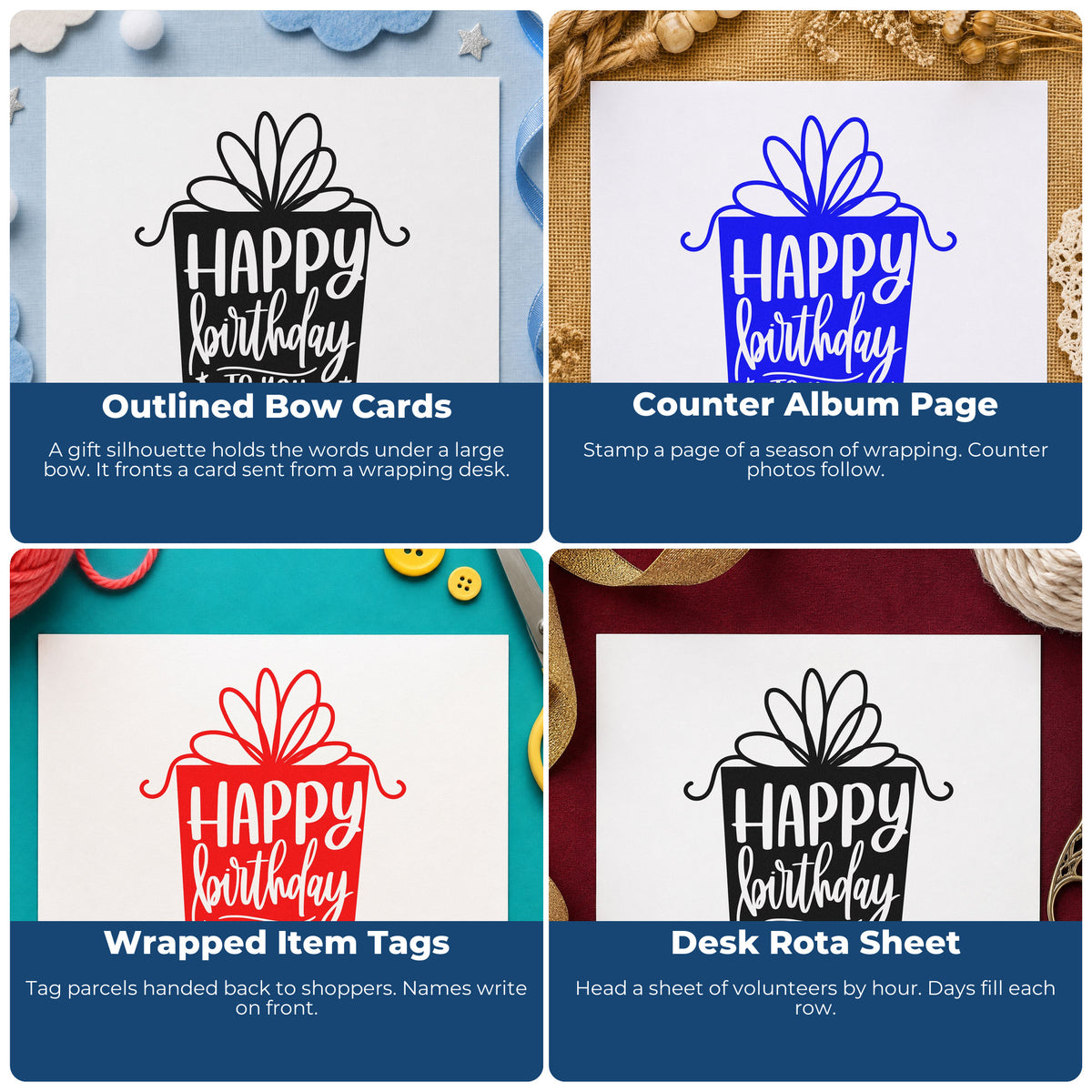 Four ways to use the Birthday Gift Shaped Lettering Premium Wood-Mounted Stamp - Vintage Pro: outlined bow cards, counter album page, wrapped item tags and desk rota sheet.