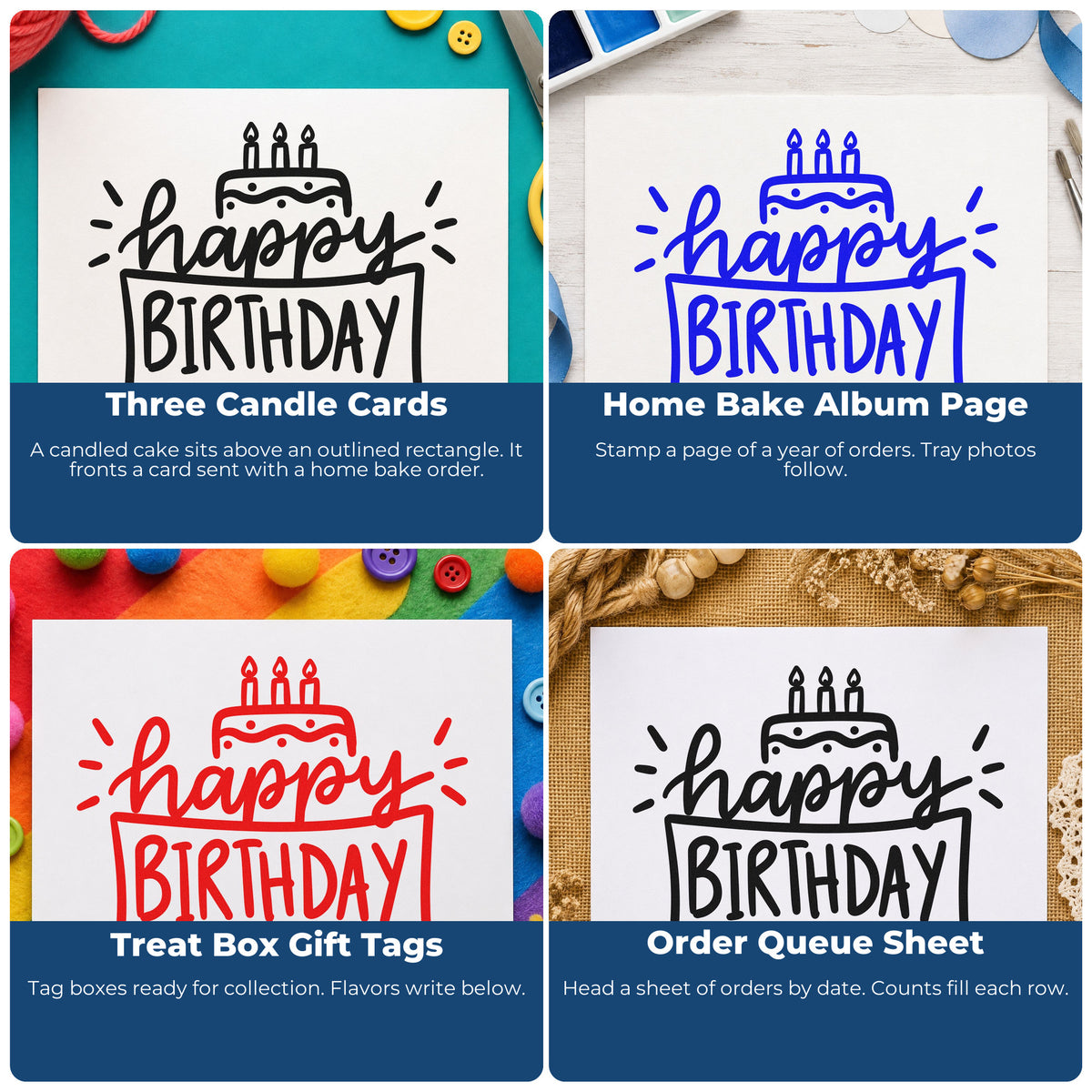 Four ways to use the Happy Birthday Cake Frame PSI Pre-Inked Stamp: three candle cards, home bake album page, treat box gift tags and order queue sheet.