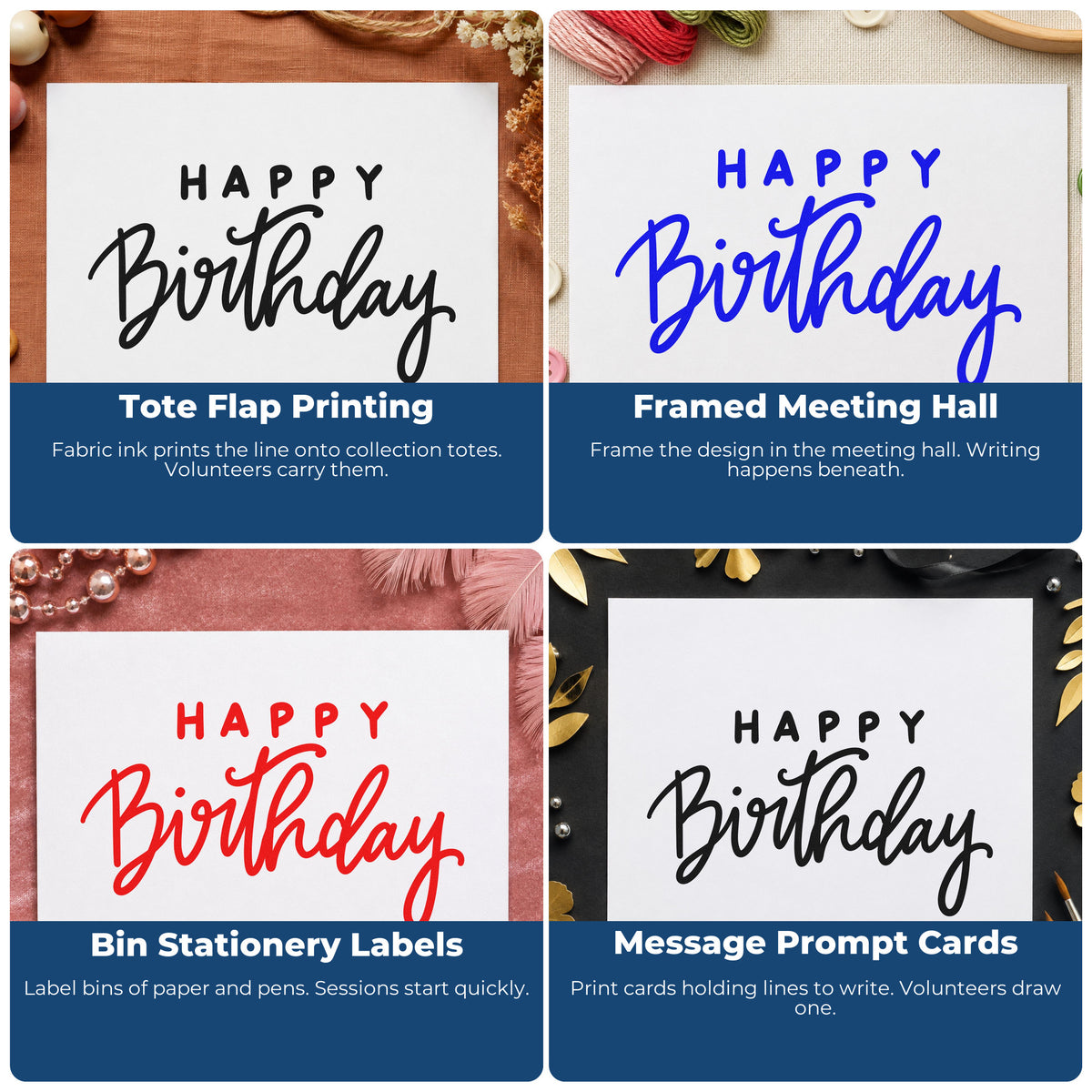 Four ways to use the Happy Birthday Spaced Heading Script Lettering Slim Pre-Inked Stamp: tote flap printing, framed meeting hall, bin stationery labels and message prompt cards.