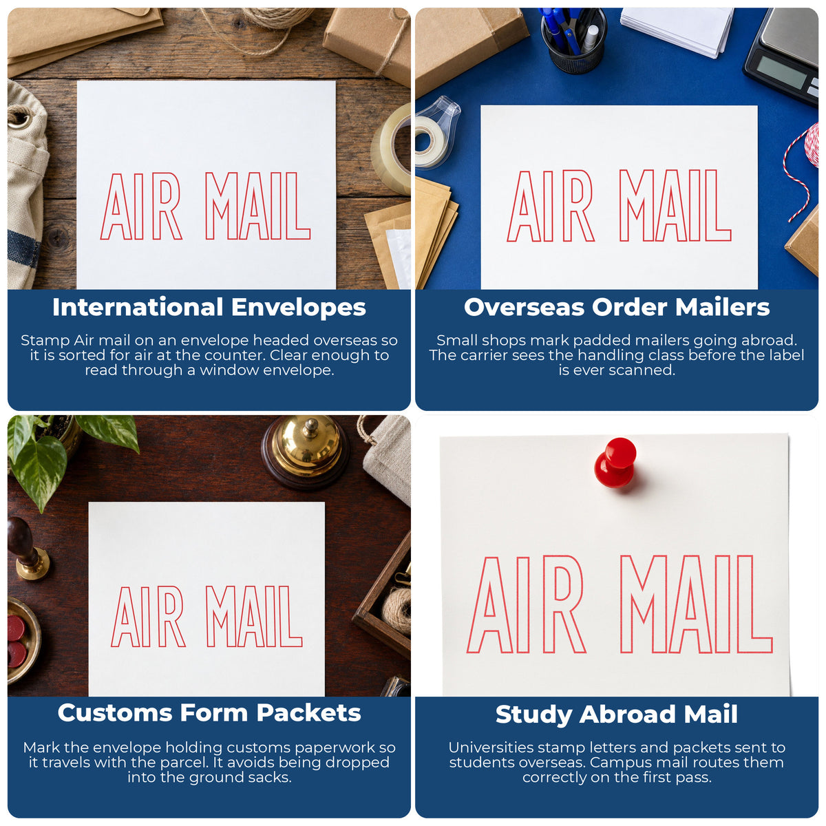 "Air mail" imprint applied to paperwork, rectangle impression at Approximately 1/2 in tall x 1-5/8 in wide