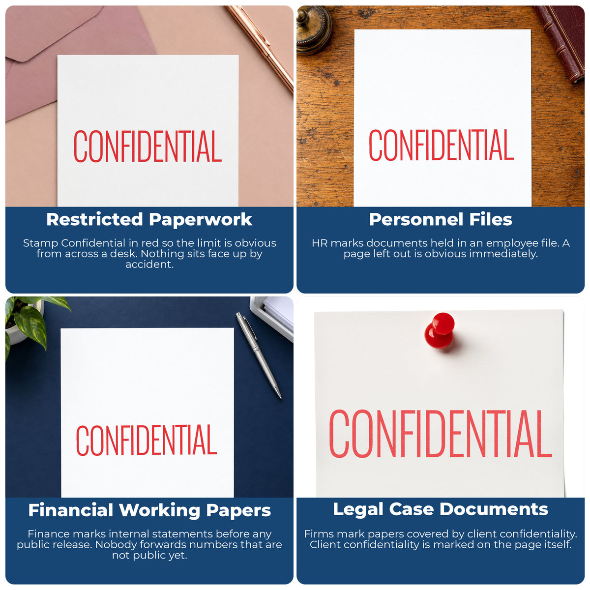 "Confidential" imprint applied to paperwork, rectangle impression at Approximately 1/2 in tall x 1-5/8 in wide