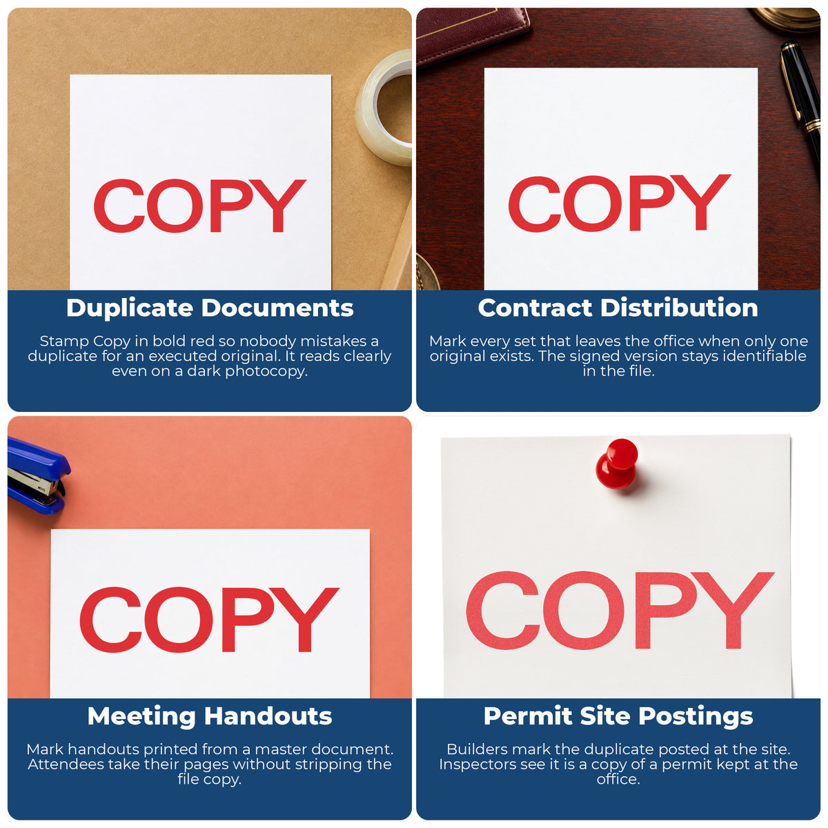"Copy" imprint applied to paperwork, rectangle impression at 1/2 x 1-5/8 in