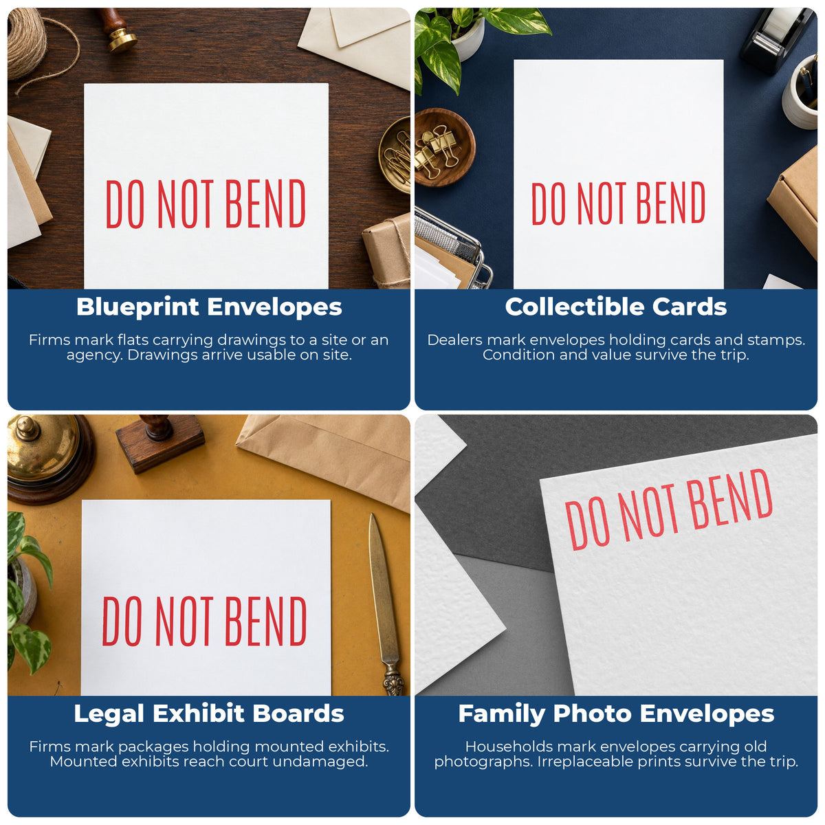 "Do not bend" pre-inked stamp alongside the mark it leaves on a page