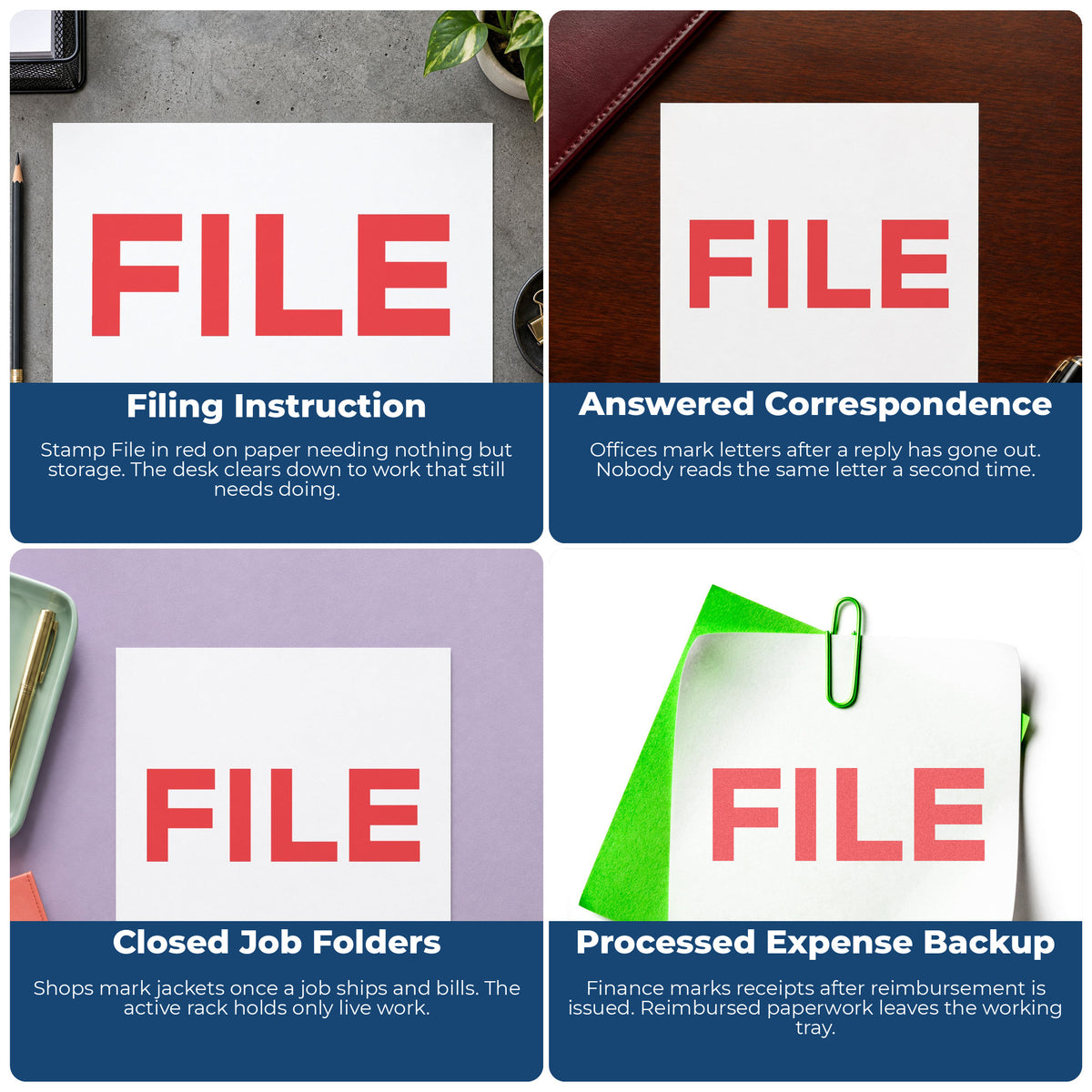 "File" imprint applied to paperwork, rectangle impression at 1/2 x 1-5/8 in