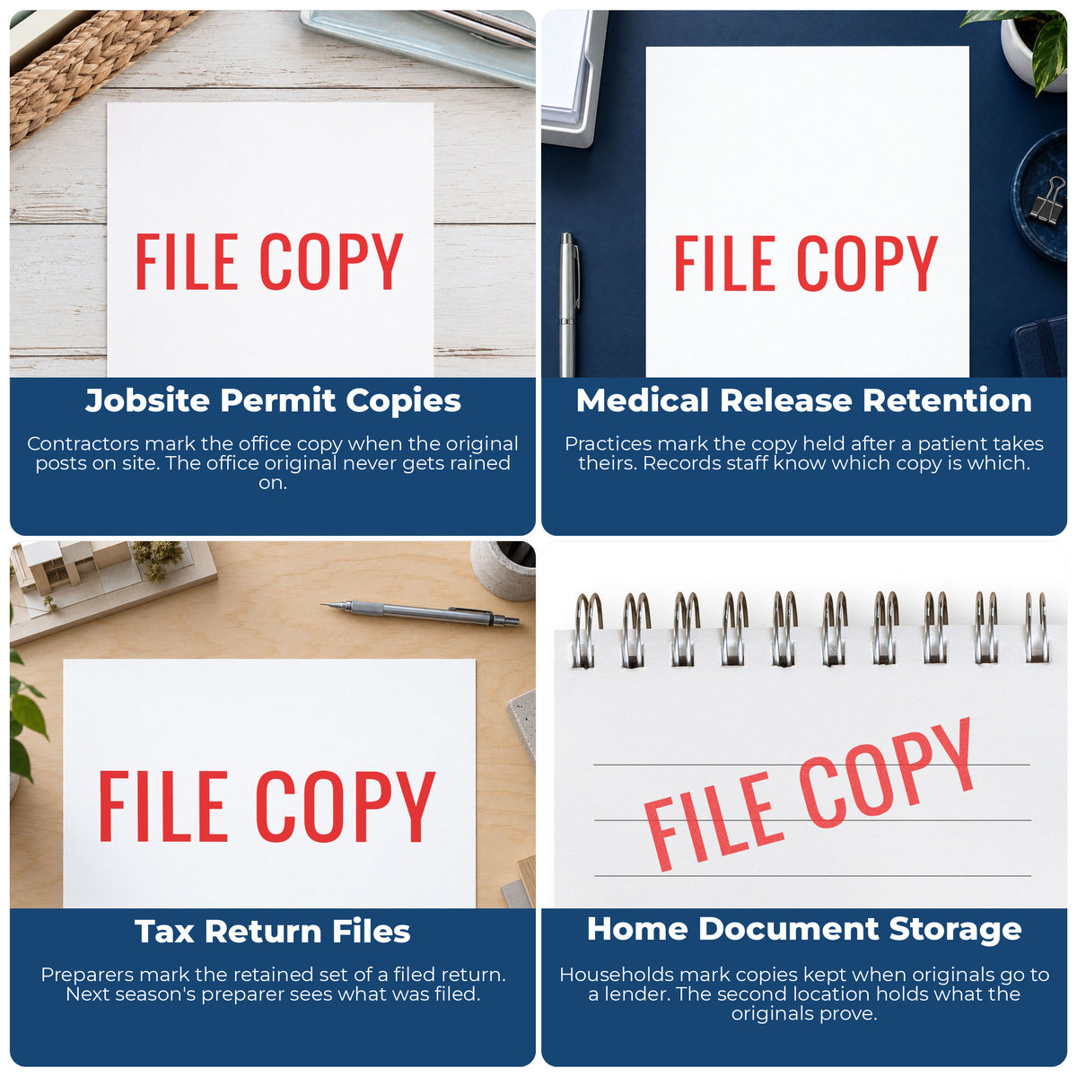 "File copy" pre-inked stamp alongside the mark it leaves on a page