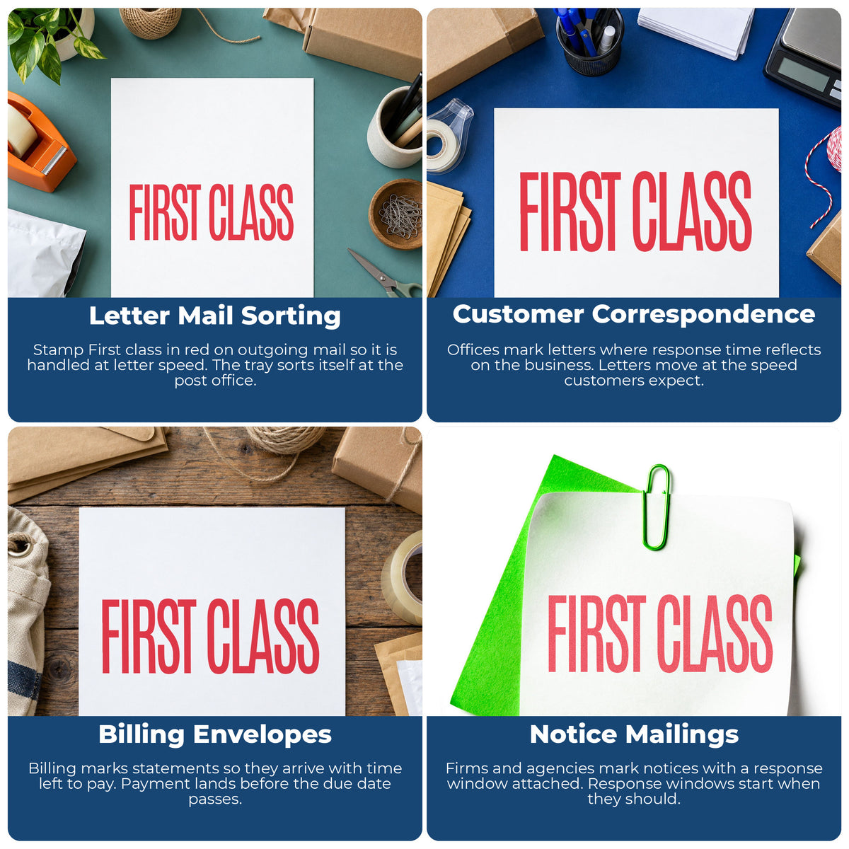 "First class" imprint applied to paperwork, rectangle impression at Approximately 1/2 in tall x 1-5/8 in wide