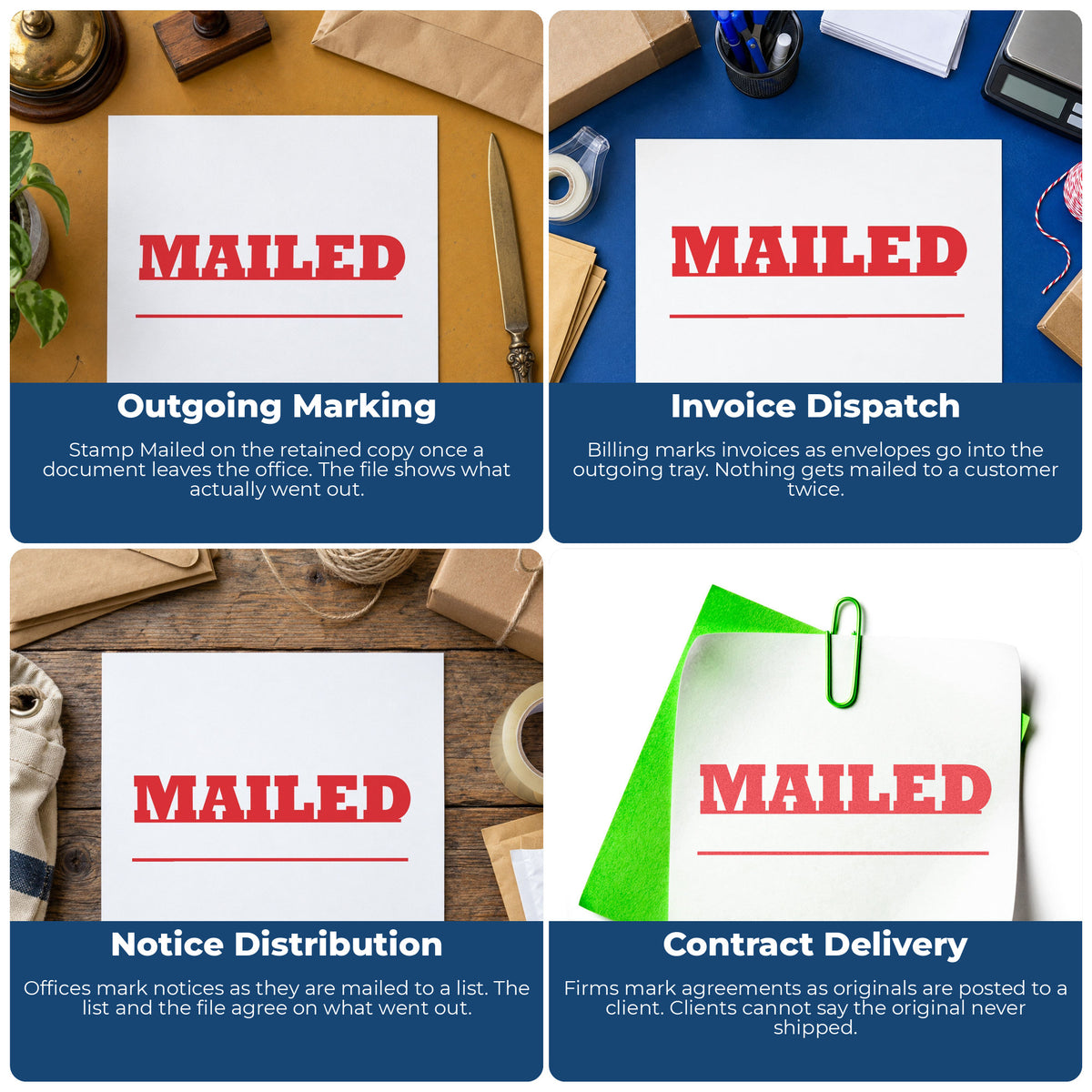 "Mailed" imprint applied to paperwork, rectangle impression at Approximately 1/2 in tall x 1-5/8 in wide