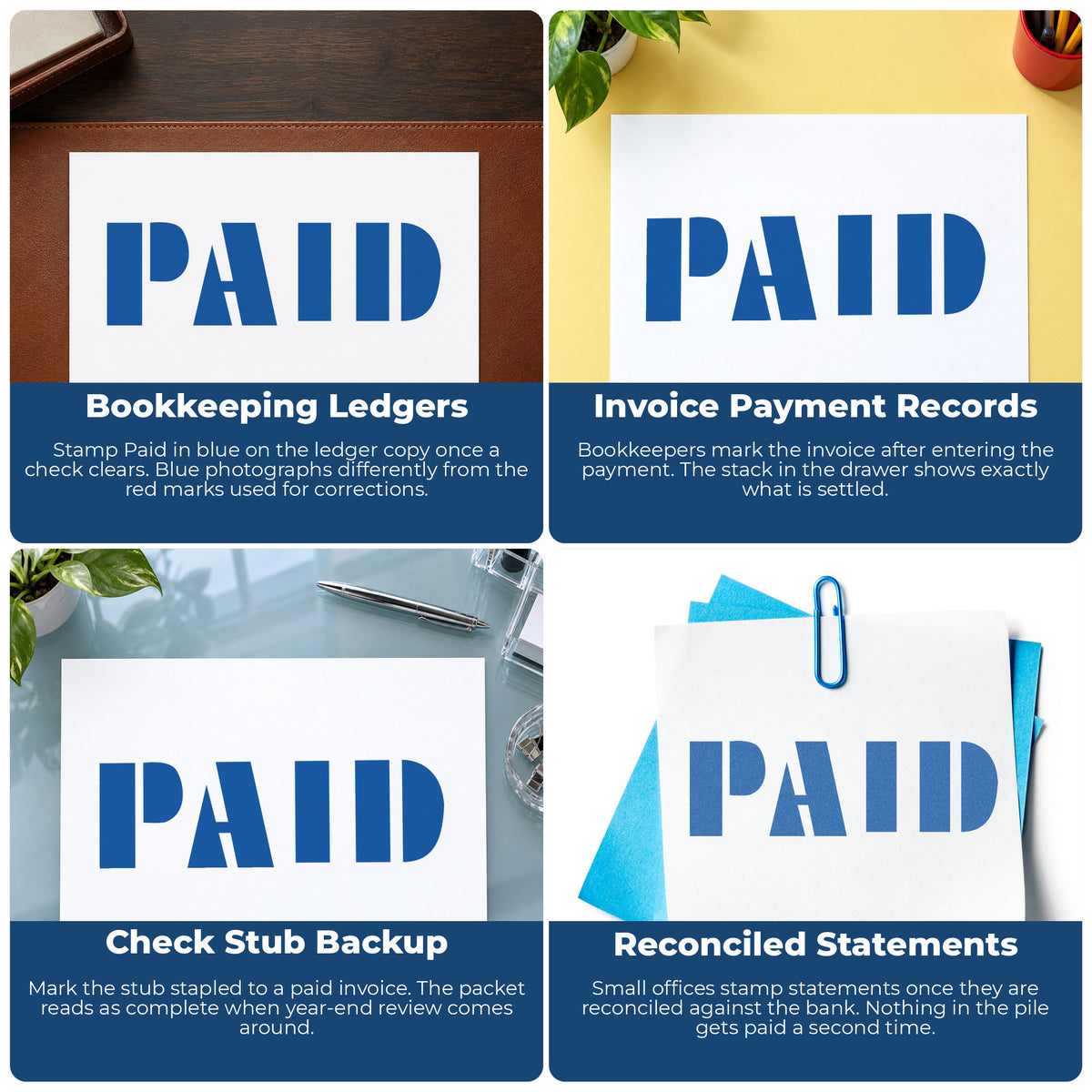 "Paid" imprint applied to paperwork, rectangle impression at 1/2 x 1-5/8 in