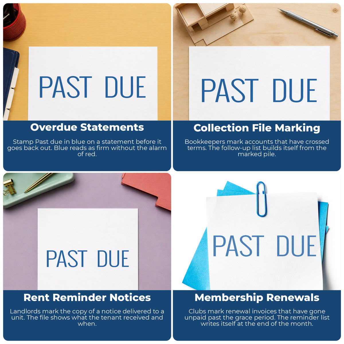 "Past due" imprint applied to paperwork, rectangle impression at Approximately 1/2 in tall x 1-5/8 in wide