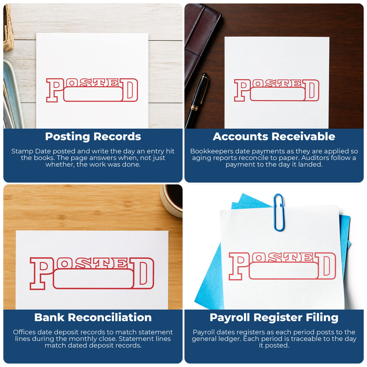 "Date posted" imprint applied to paperwork, rectangle impression at Approximately 1/2 in tall x 1-5/8 in wide