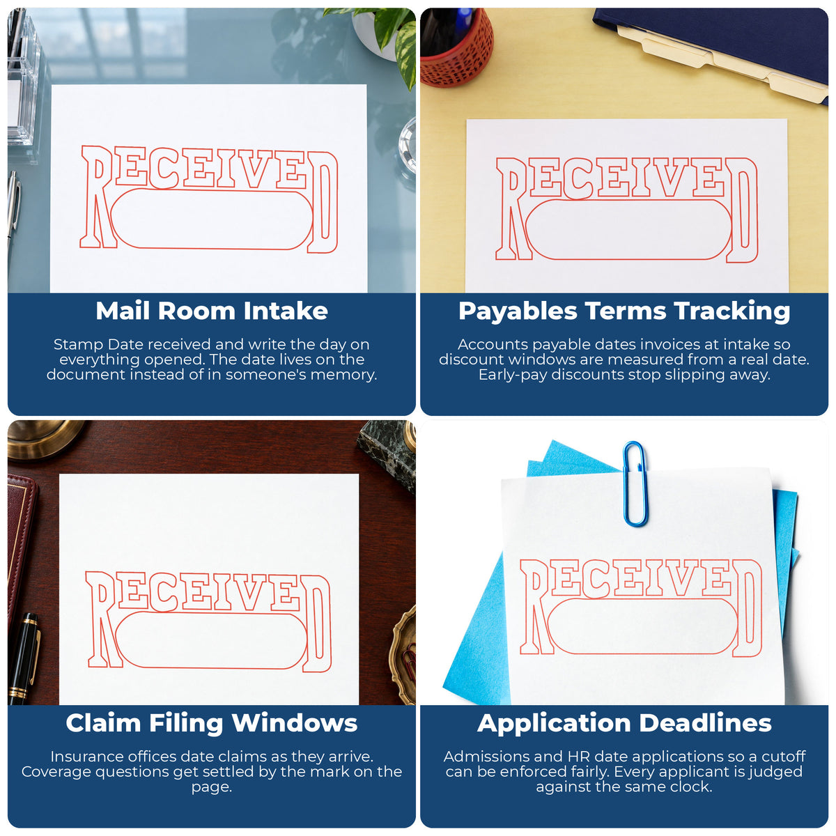 "Date received" imprint applied to paperwork, rectangle impression at Approximately 1/2 in tall x 1-5/8 in wide