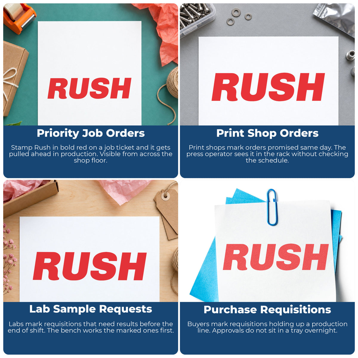 "Rush" imprint applied to paperwork, rectangle impression at Approximately 1/2 in tall x 1-5/8 in wide