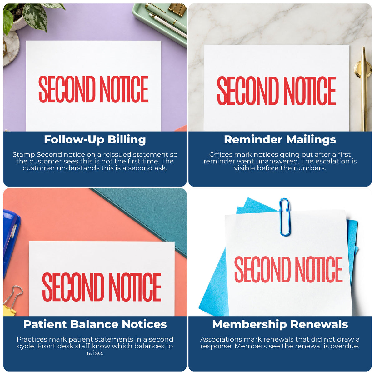 "Second notice" imprint applied to paperwork, rectangle impression at 1/2 x 1-5/8 in