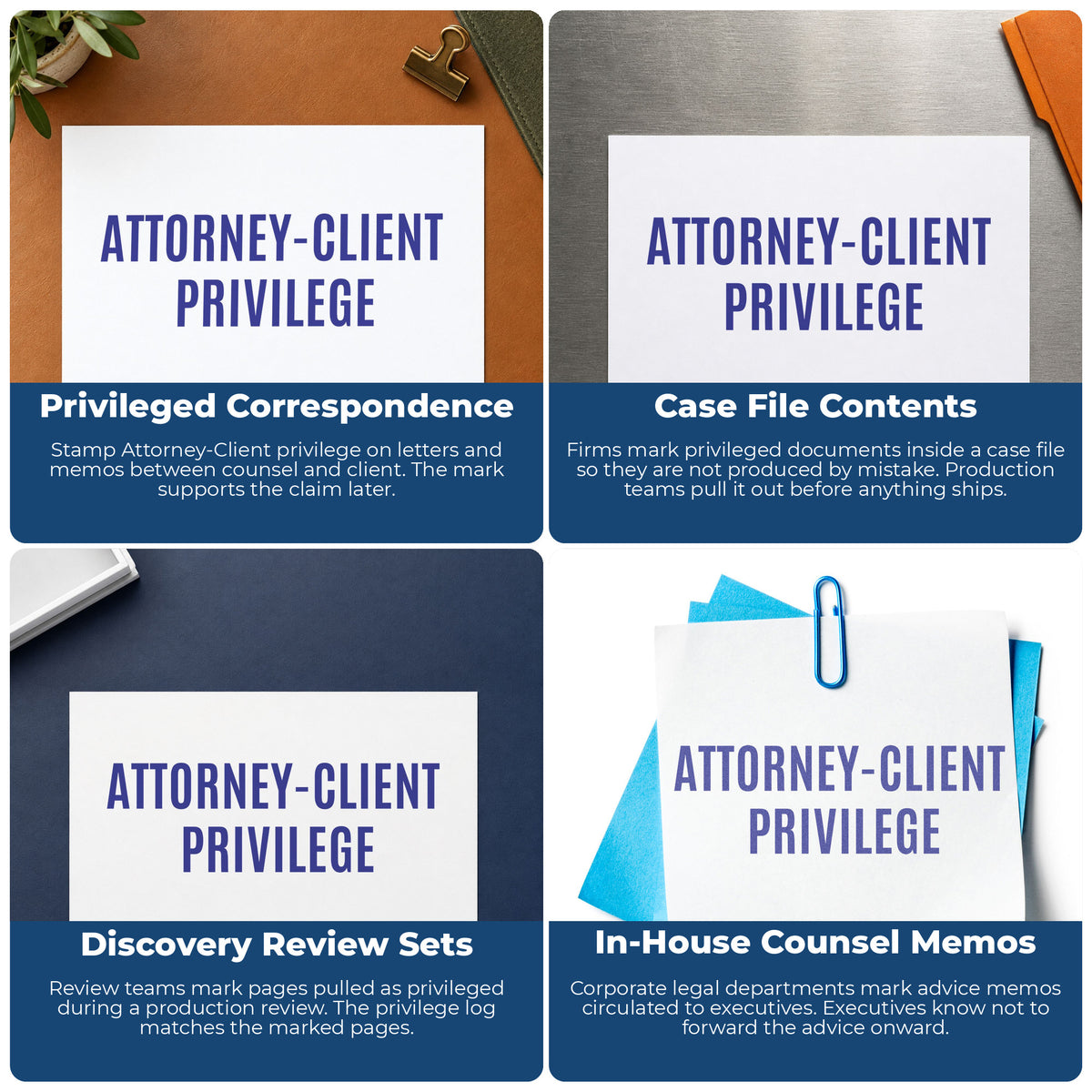"Attorney-client privilege" imprint applied to paperwork, rectangle impression at Approximately 1/2 in tall x 1-5/8 in wide