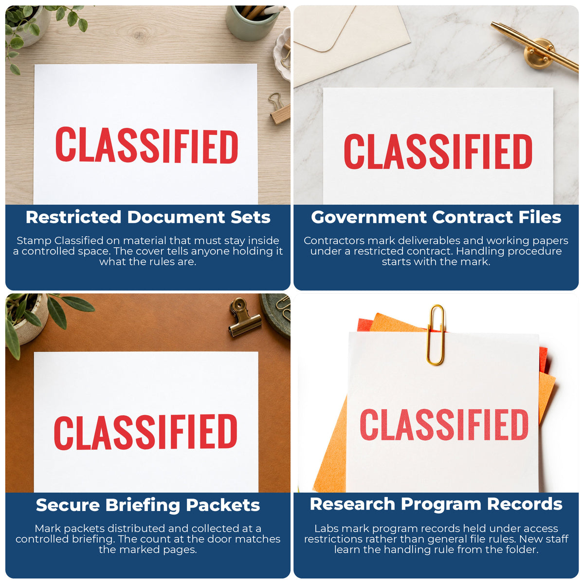 "Classified" imprint applied to paperwork, rectangle impression at 1/2 x 1-5/8 in