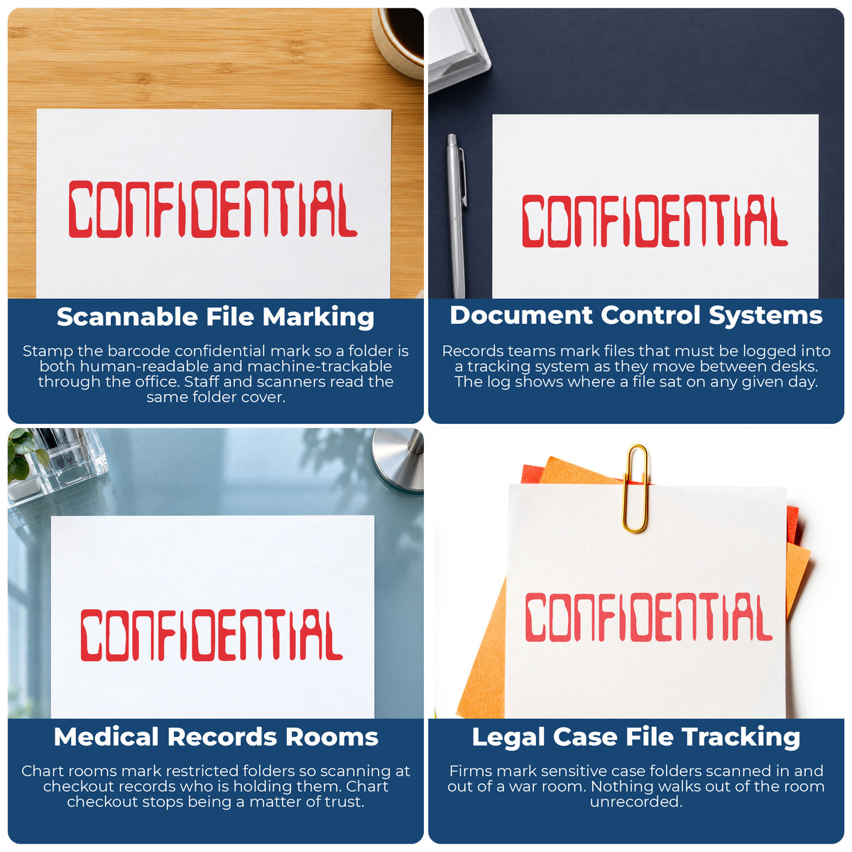 "Confidential" imprint applied to paperwork, rectangle impression at Approximately 1/2 in tall x 1-5/8 in wide