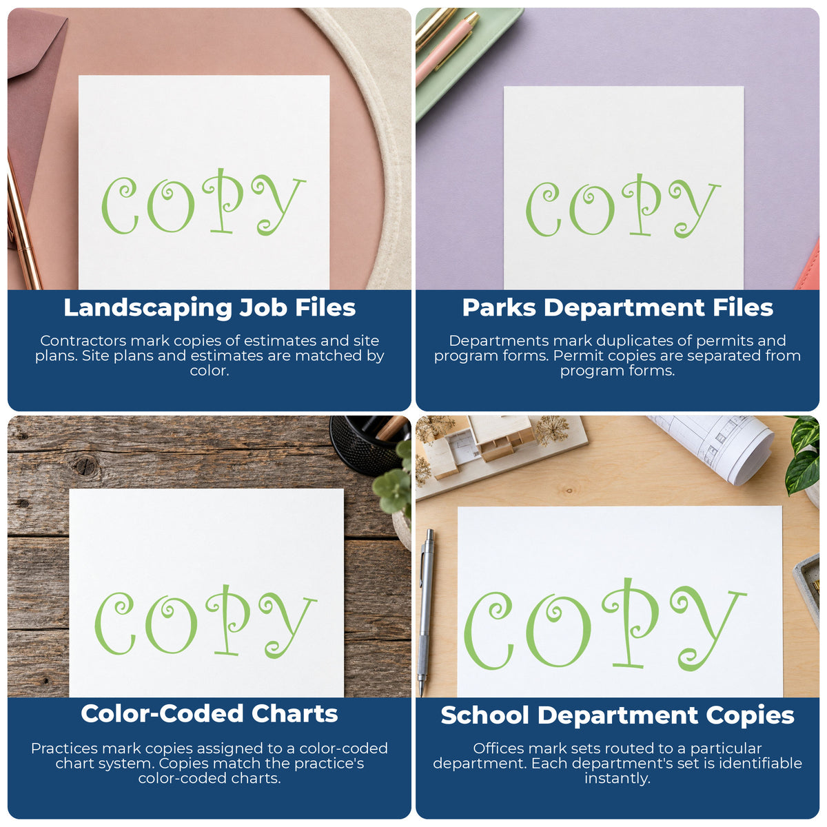 "Copy" pre-inked stamp alongside the mark it leaves on a page