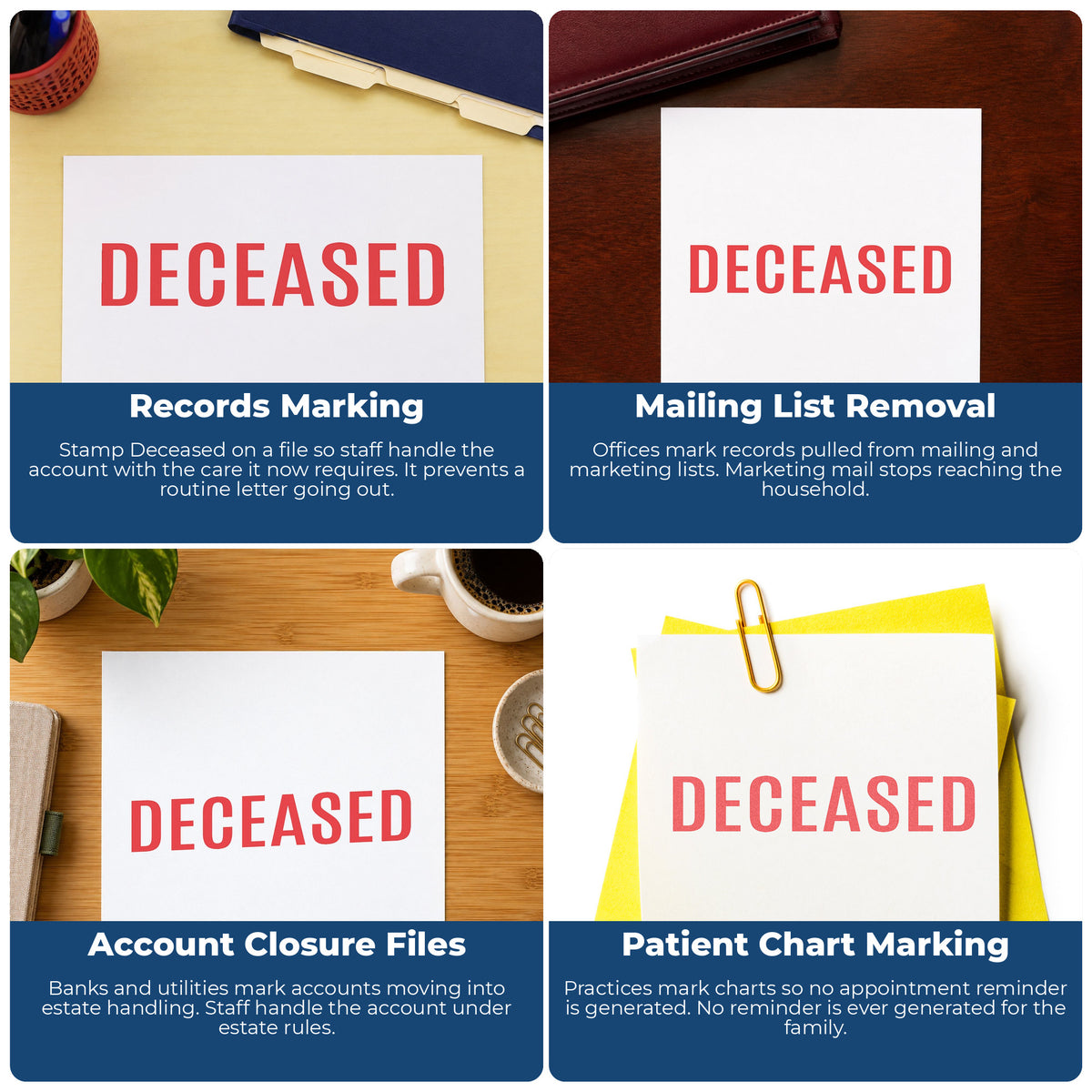 "Deceased" imprint applied to paperwork, rectangle impression at 1/2 x 1-5/8 in