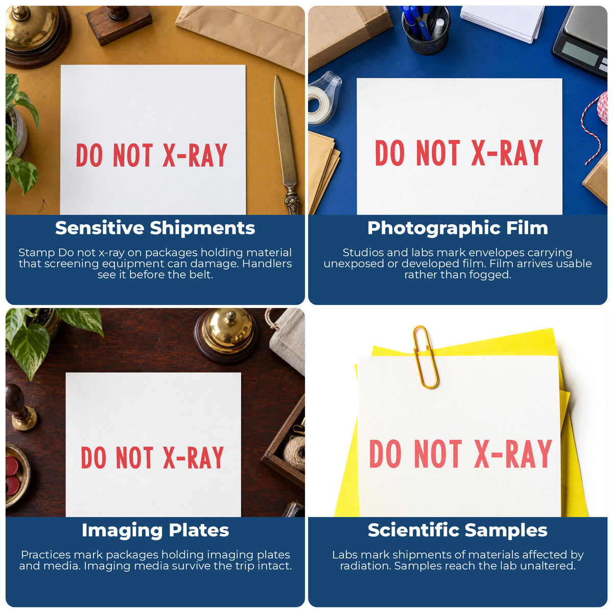 "Do not x-ray" imprint applied to paperwork, rectangle impression at Approximately 1/2 in tall x 1-5/8 in wide