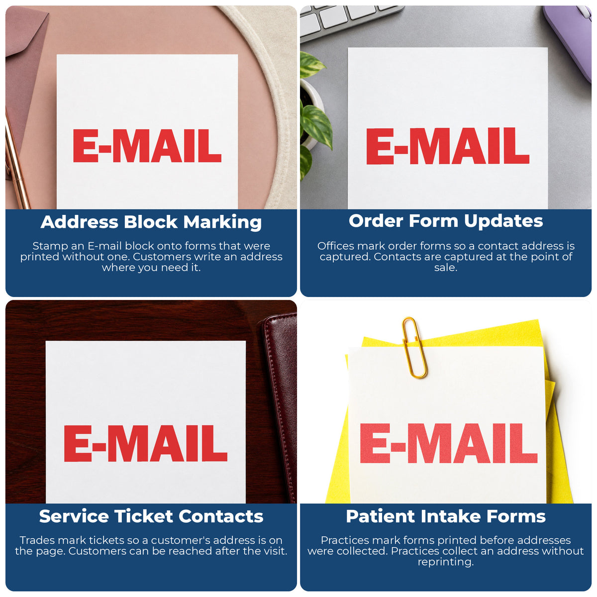 "E-mail" imprint applied to paperwork, rectangle impression at Approximately 1/2 in tall x 1-5/8 in wide
