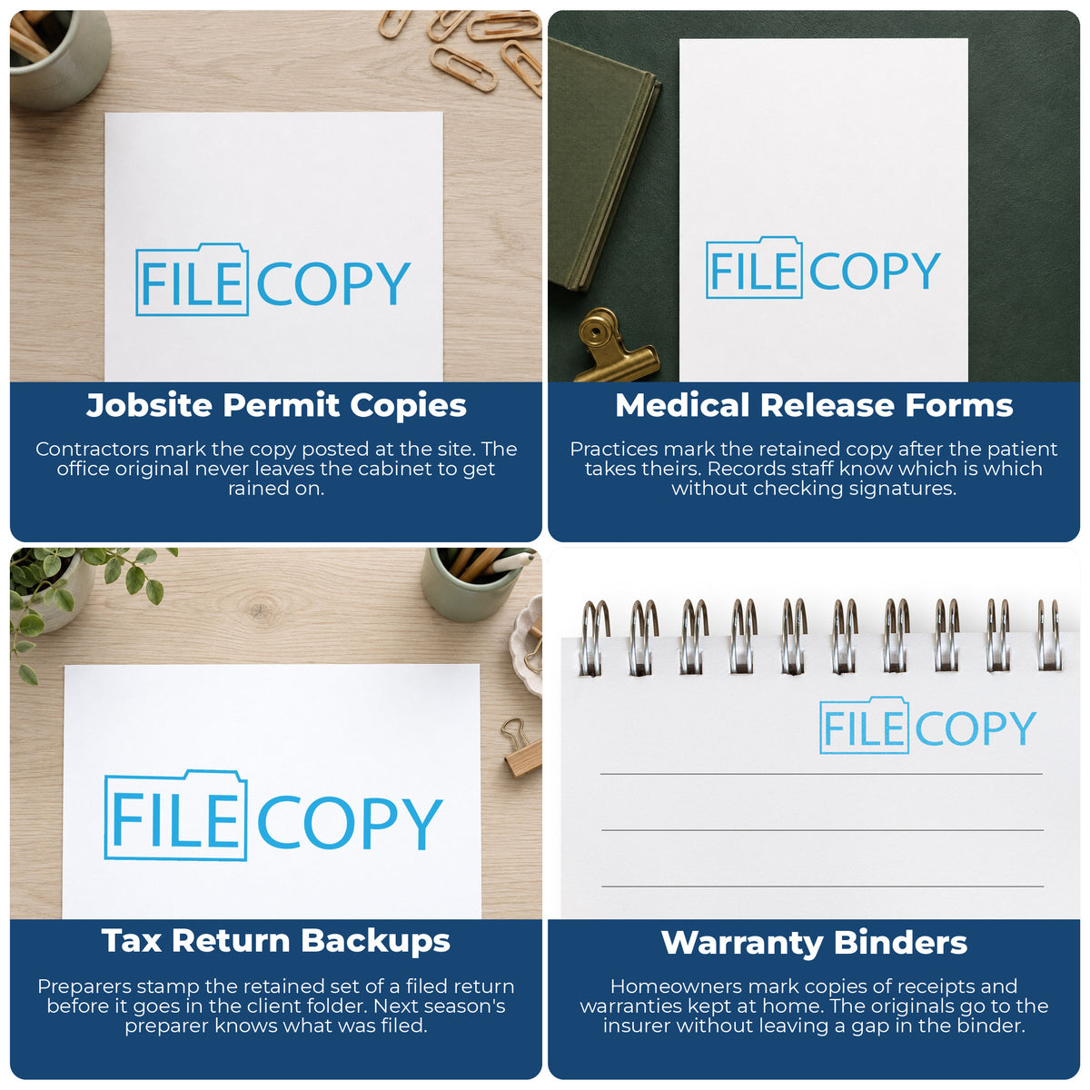 "File copy" pre-inked stamp alongside the mark it leaves on a page