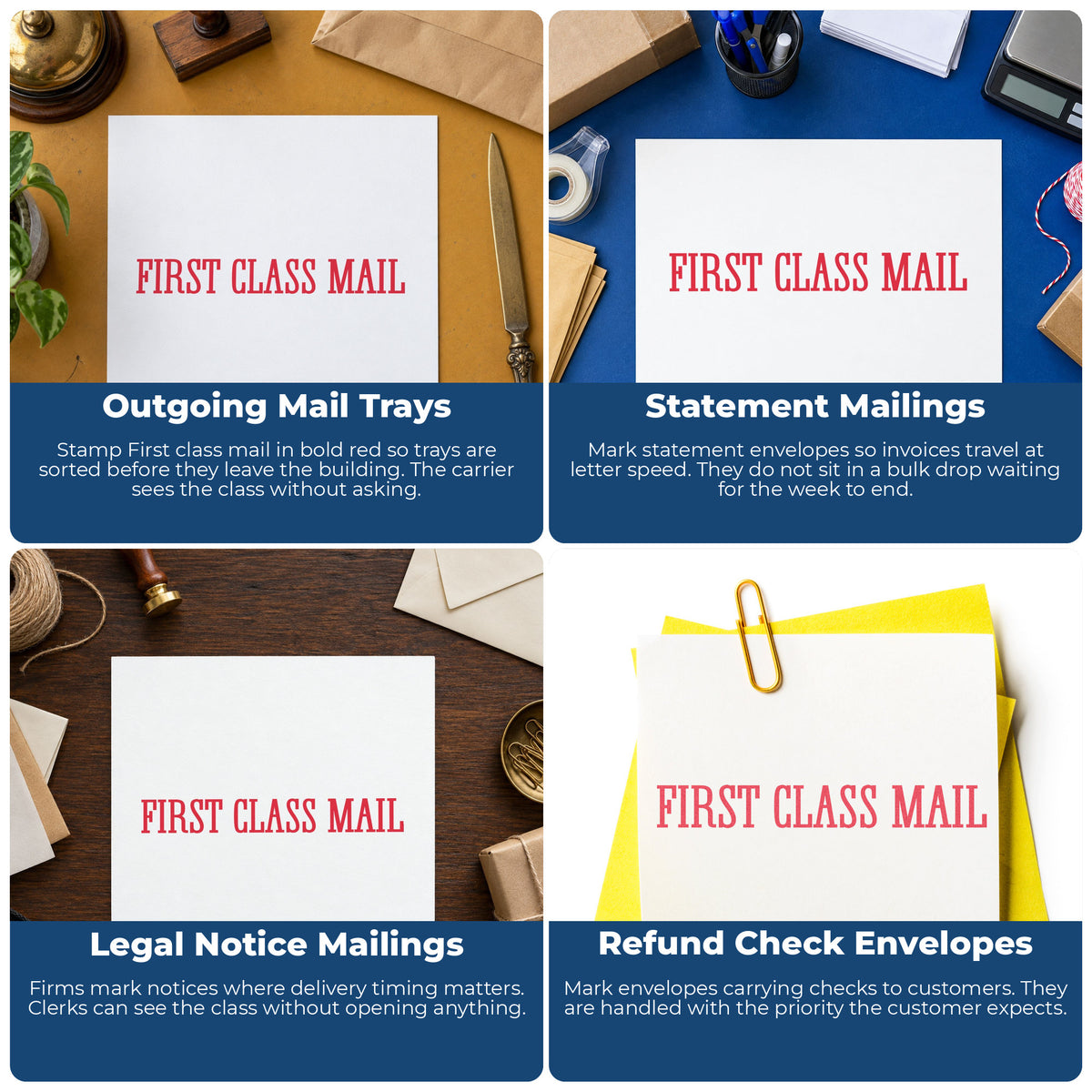 "First class mail" imprint applied to paperwork, rectangle impression at Approximately 1/2 in tall x 1-5/8 in wide