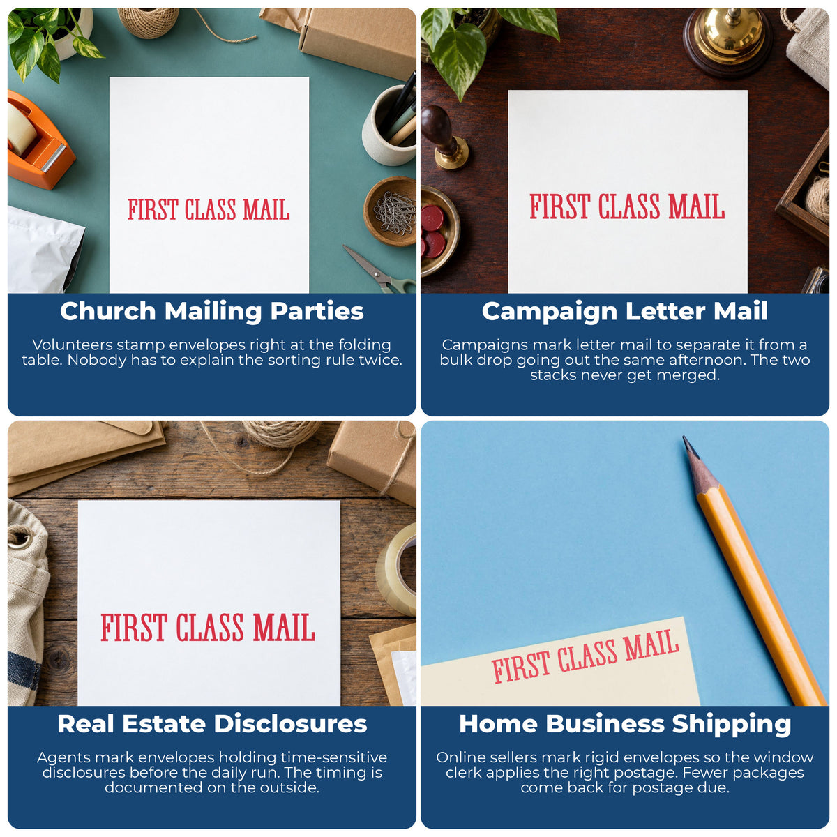 "First class mail" pre-inked stamp alongside the mark it leaves on a page