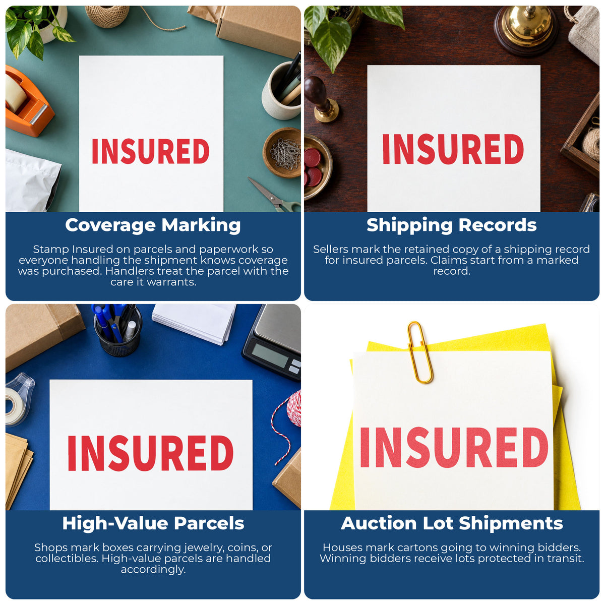 "Insured" imprint applied to paperwork, rectangle impression at 1/2 x 1-5/8 in