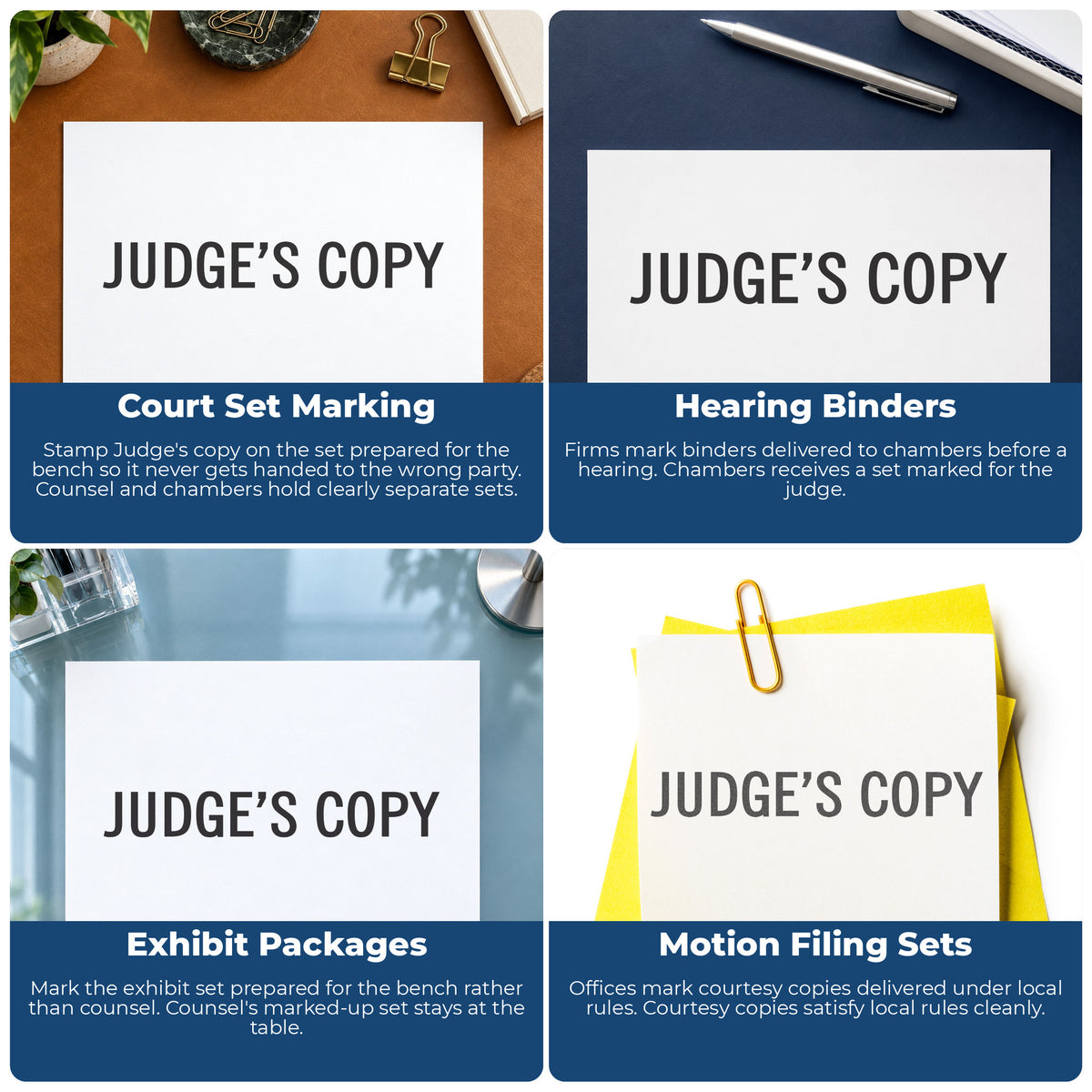 "Judge's copy" imprint applied to paperwork, rectangle impression at 1/2 x 1-5/8 in