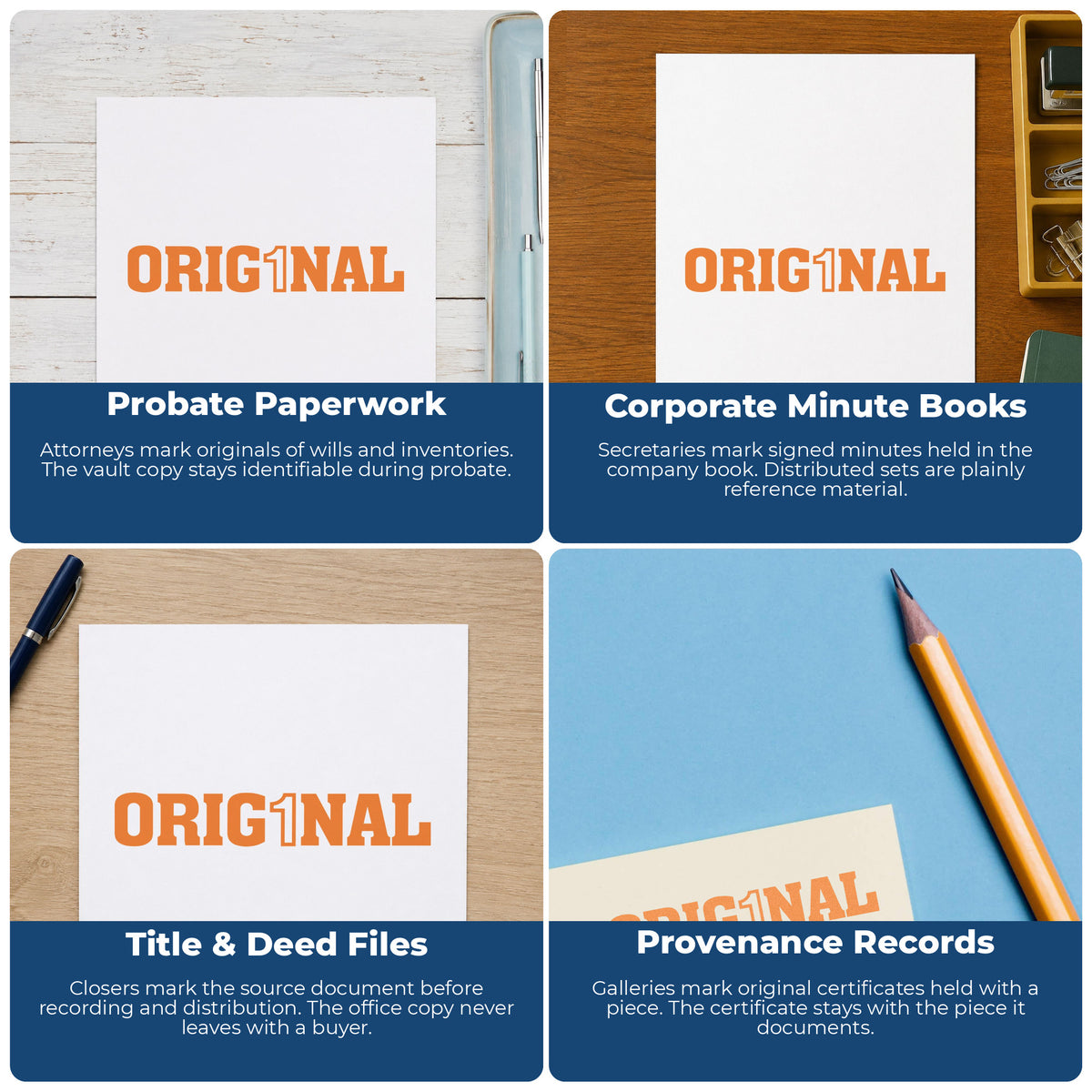 "Orig1Nal" pre-inked stamp alongside the mark it leaves on a page
