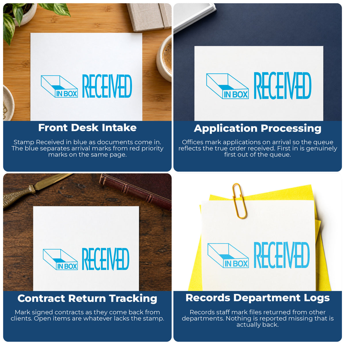 "Received" imprint applied to paperwork, rectangle impression at Approximately 1/2 in tall x 1-5/8 in wide