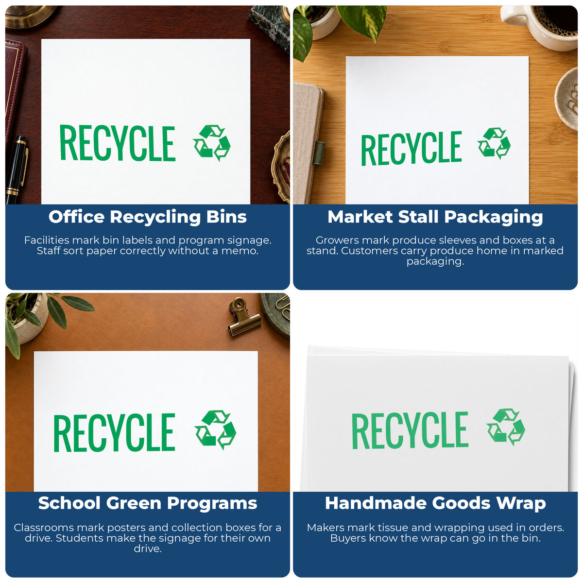 "Recycle" pre-inked stamp alongside the mark it leaves on a page