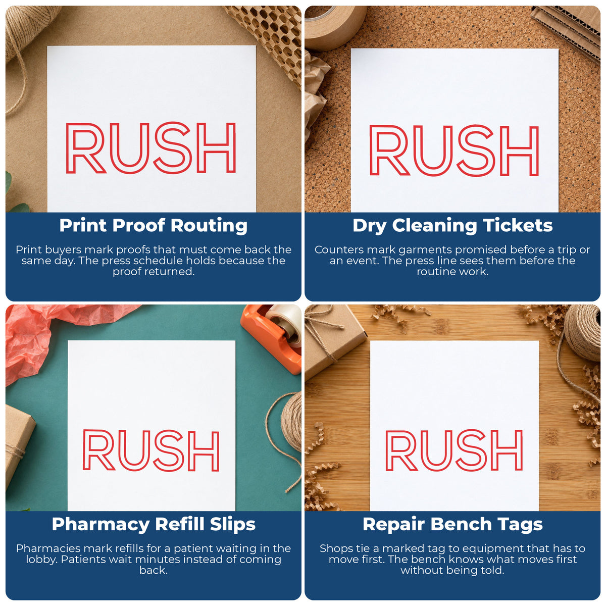 "Rush" pre-inked stamp alongside the mark it leaves on a page