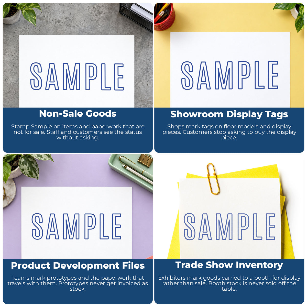 "Sample" imprint applied to paperwork, rectangle impression at 1/2 x 1-5/8 in