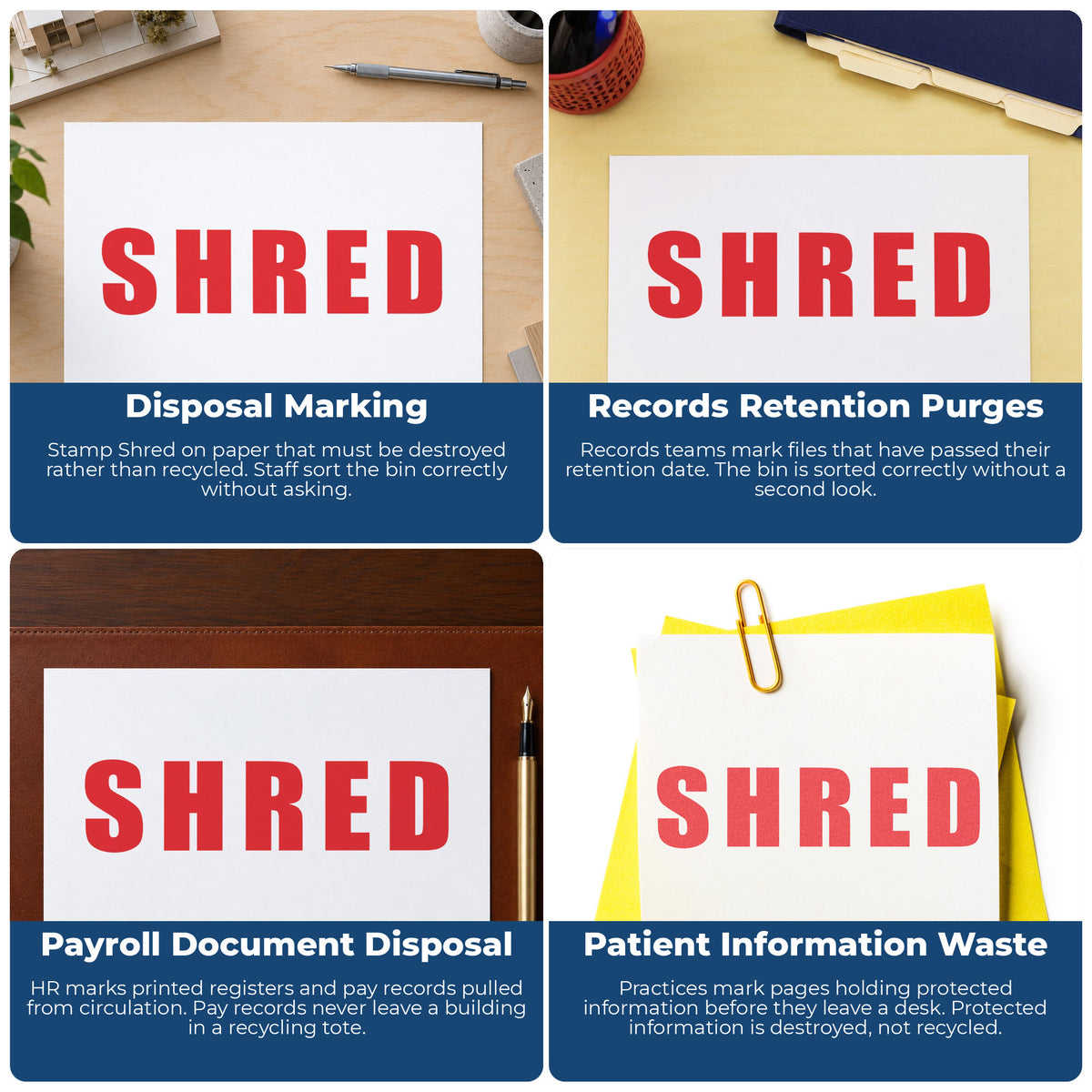 "Shred" imprint applied to paperwork, rectangle impression at Approximately 1/2 in tall x 1-5/8 in wide
